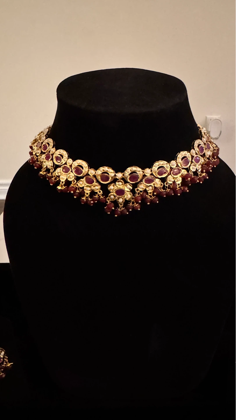 Ruby jadau necklace and earrings set with red stones