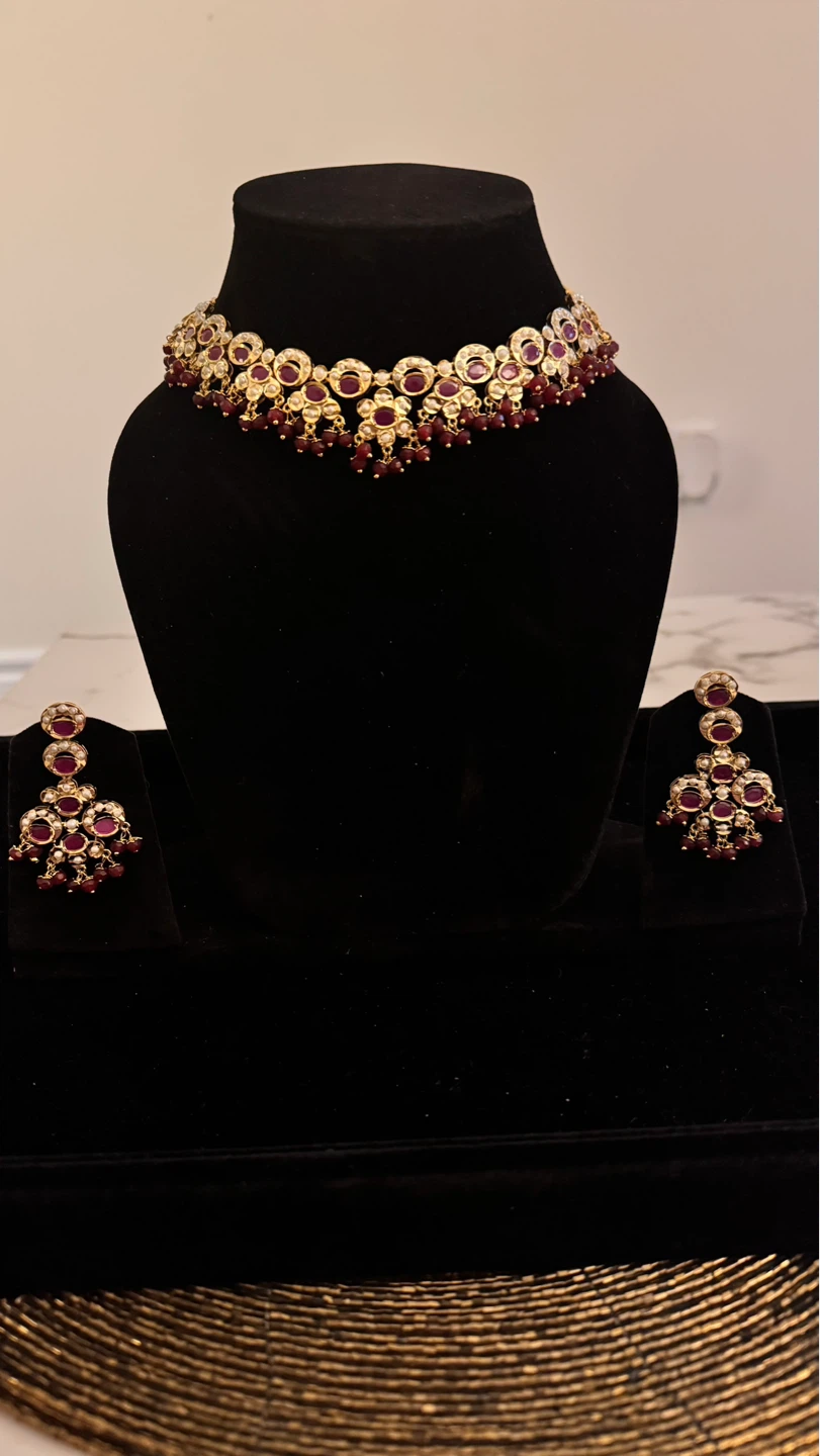 Ruby jadau necklace and earrings set with red stones - photo 2