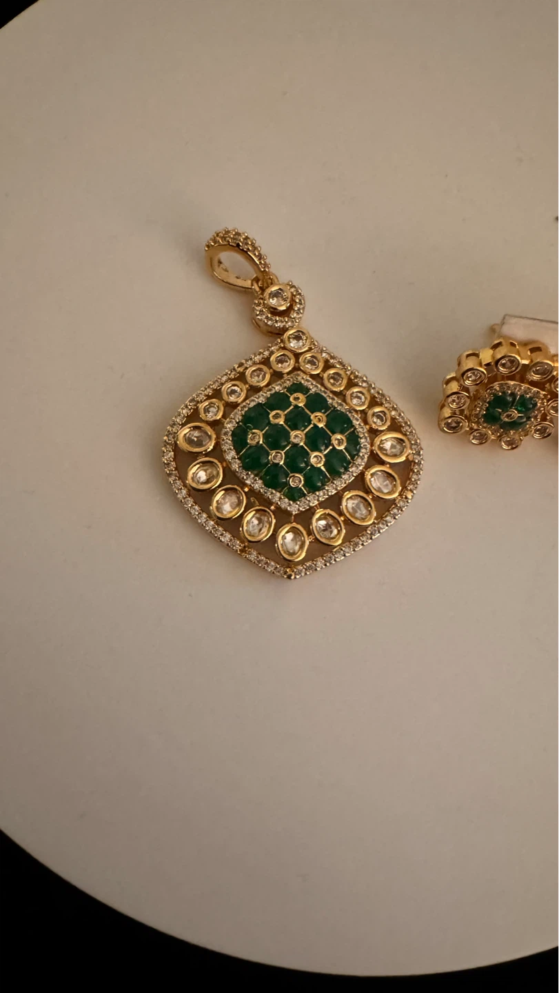 Gold-tone Pendant and Earring Set with Green Stones - photo 2