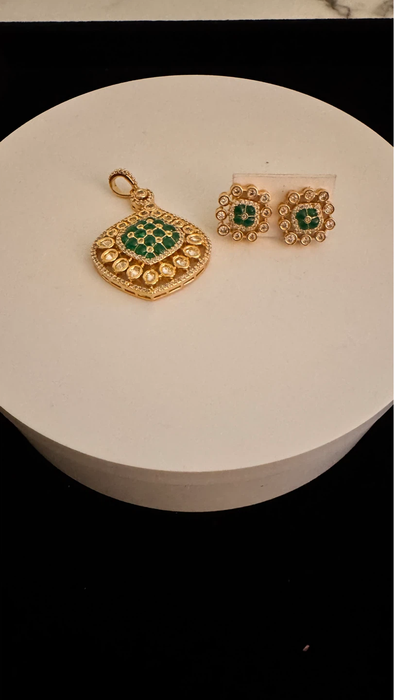 Gold-tone Pendant and Earring Set with Green Stones