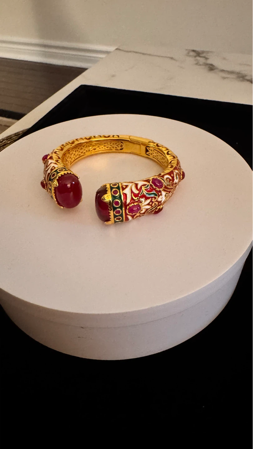 Gold Tone white gold plated Cuff Bracelet with Red Stones