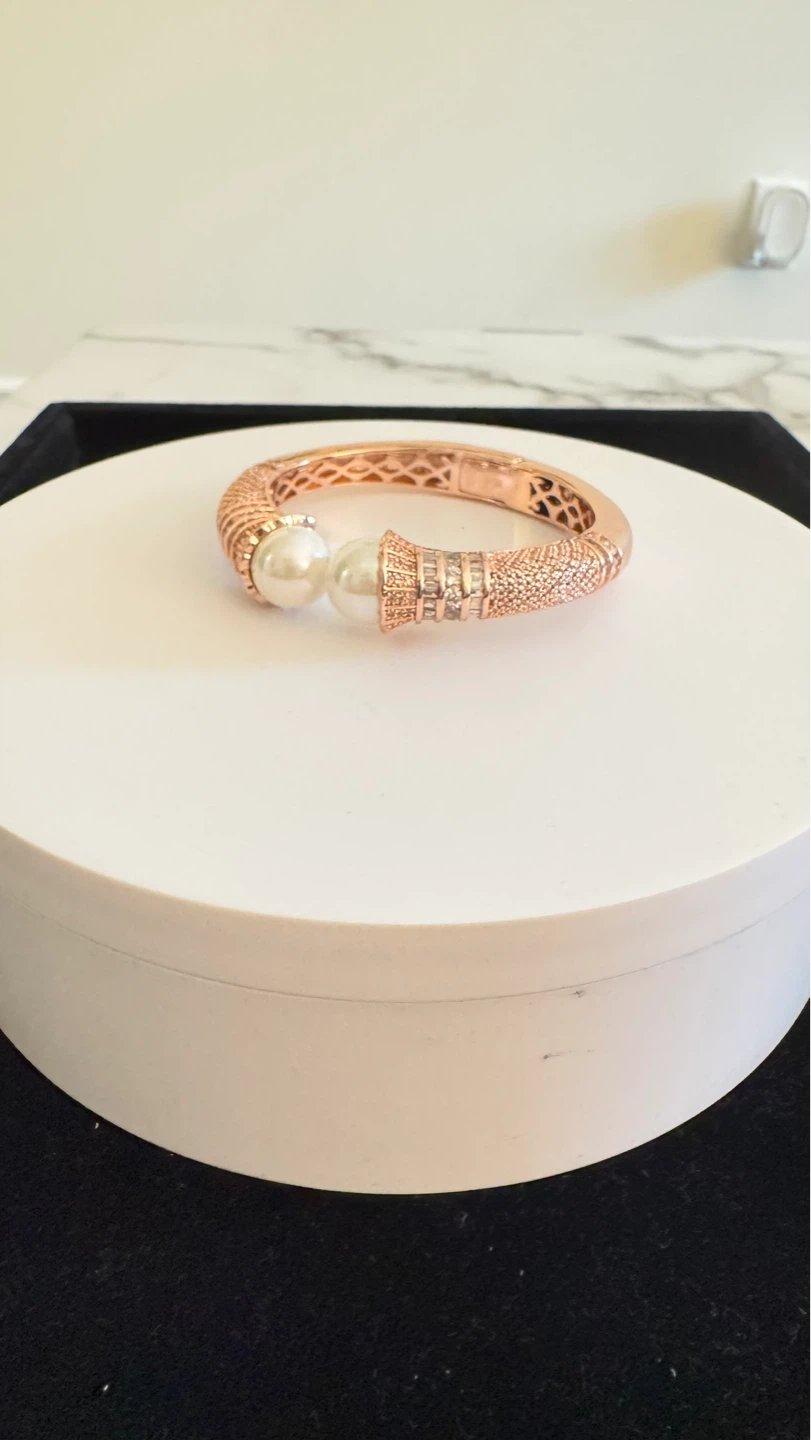 Rose Gold Tone Cuff Bracelet with Pearls and Crystals - photo 2