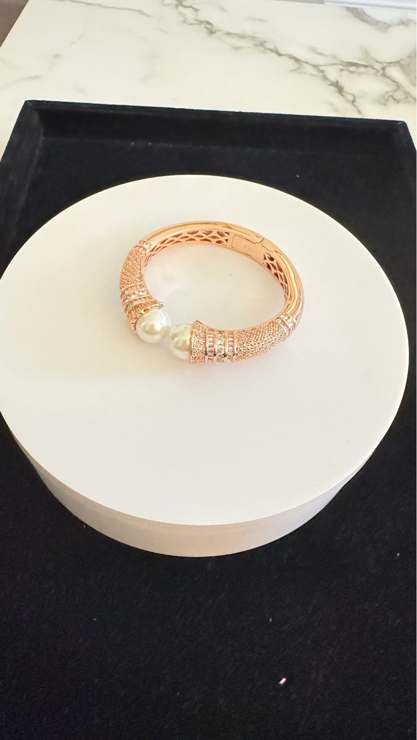 Rose Gold Tone Cuff Bracelet with Pearls and Crystals