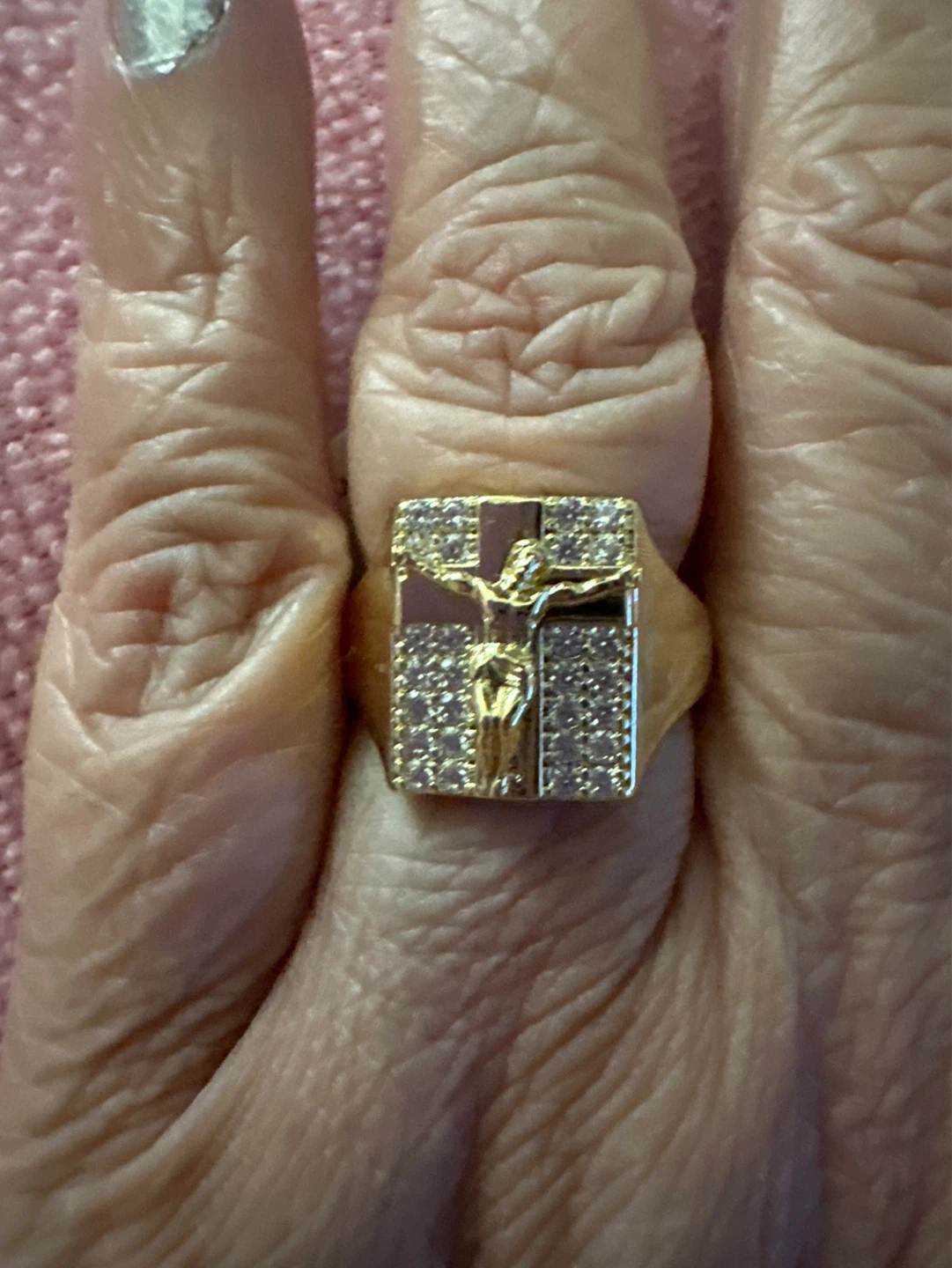 Gold Tone Jesus Crucifix Ring with Rhinestones
