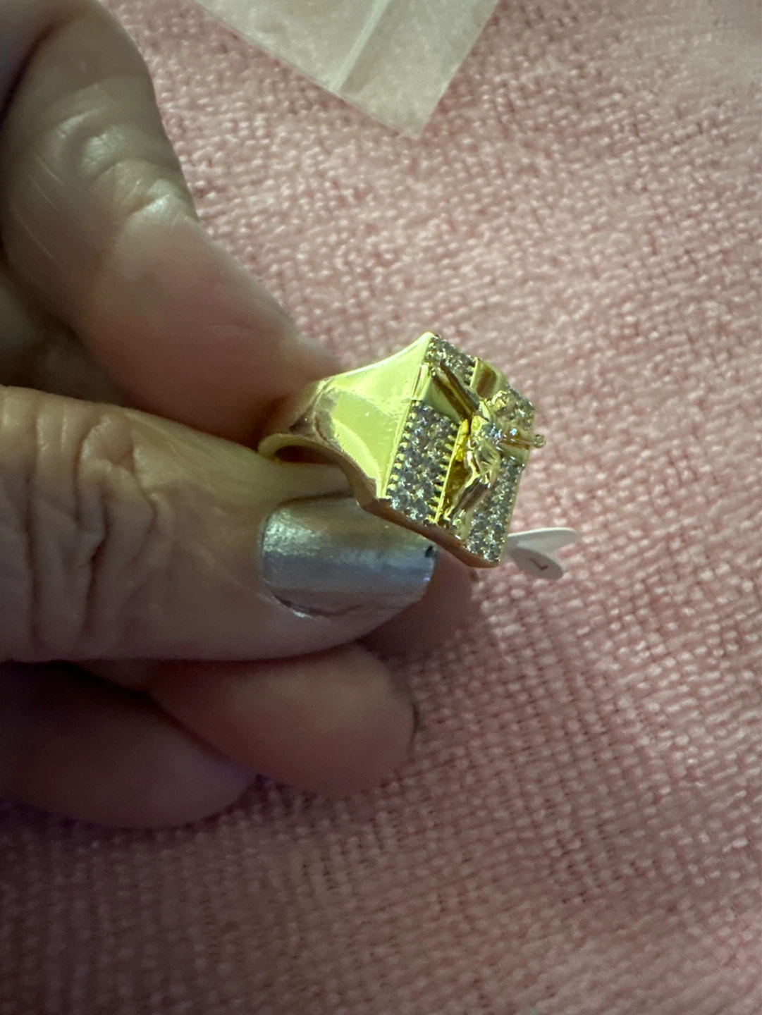 Gold Tone Jesus Crucifix Ring with Rhinestones - photo 3