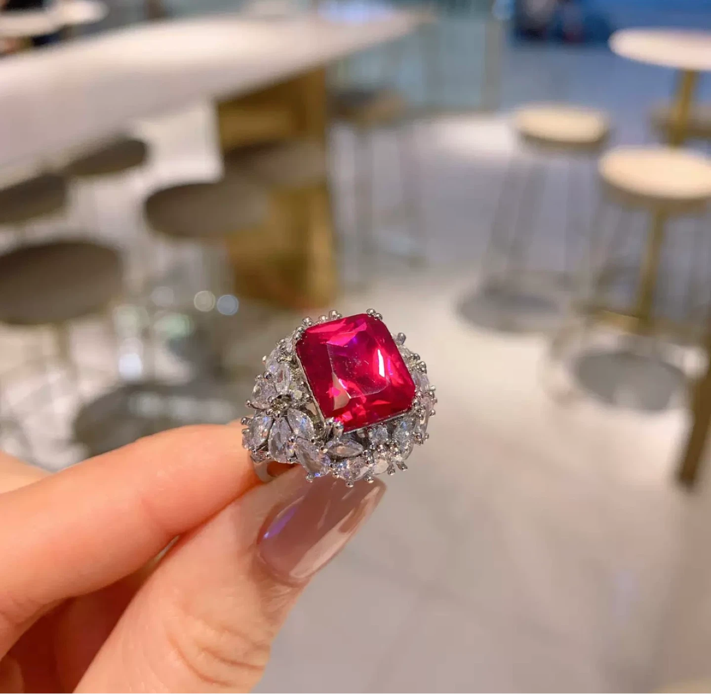 Stunning Radiant Cut Red Ruby-Style Cocktail Ring