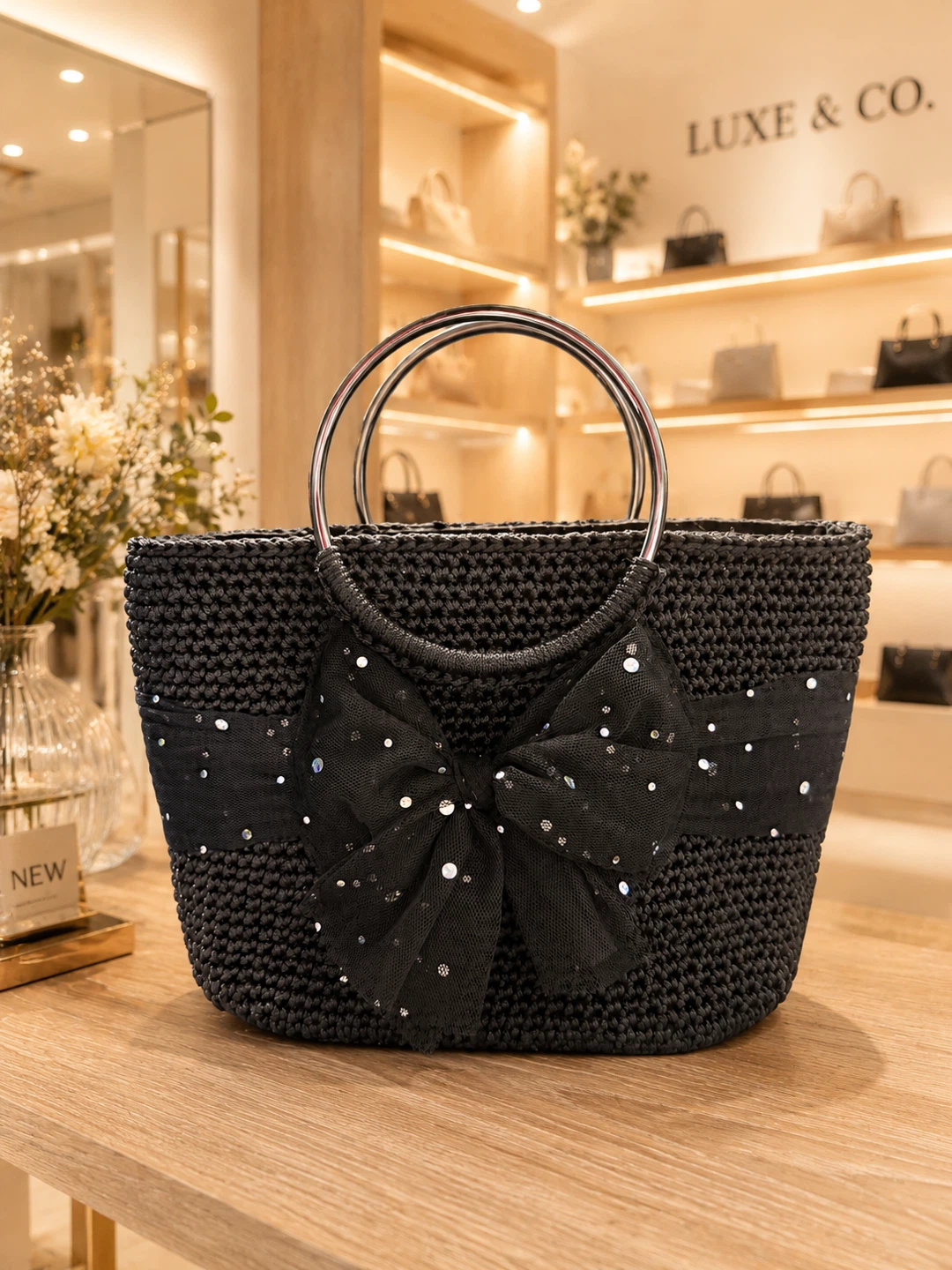Black crocheted tote bag with sequin bow