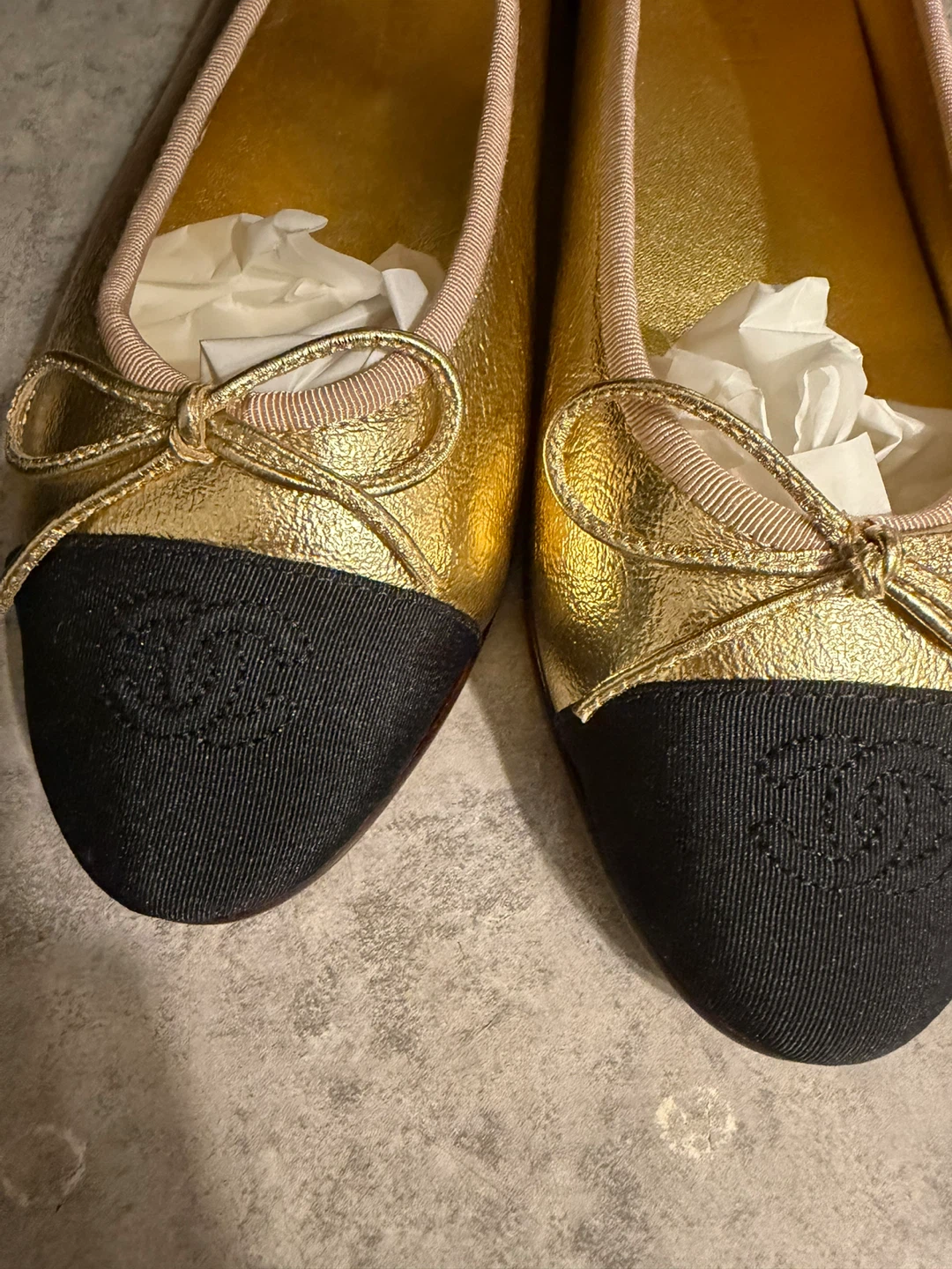 Chanel Ballet Flats - Gold/Black Cap Toe - photo 2