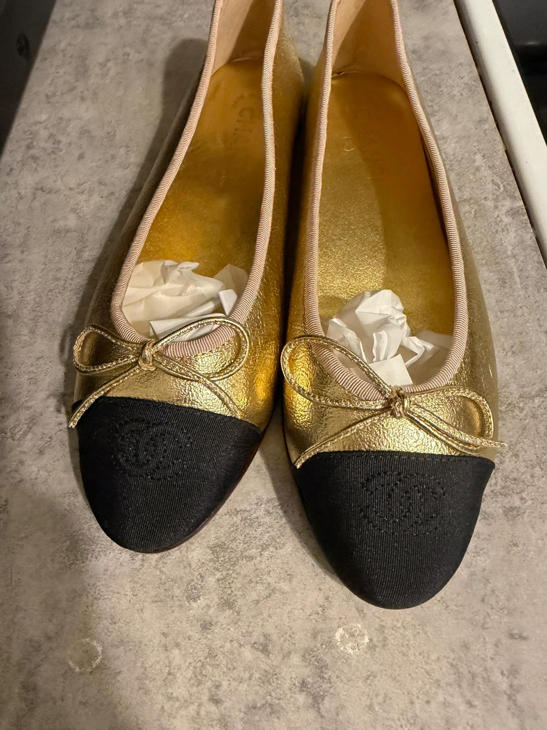 Chanel Ballet Flats - Gold/Black Cap Toe