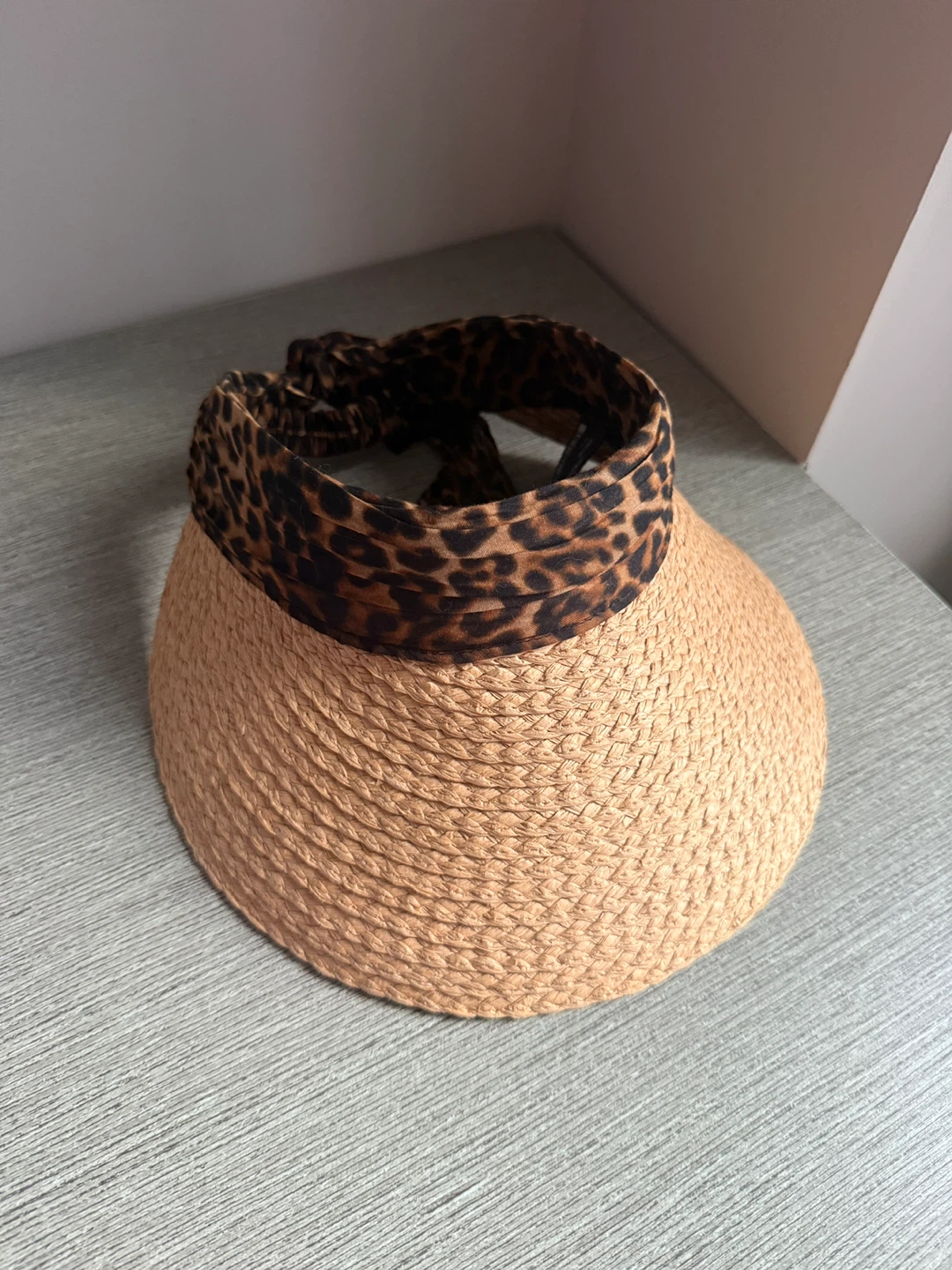 ZARA Woven Straw Visor with Leopard Print Band