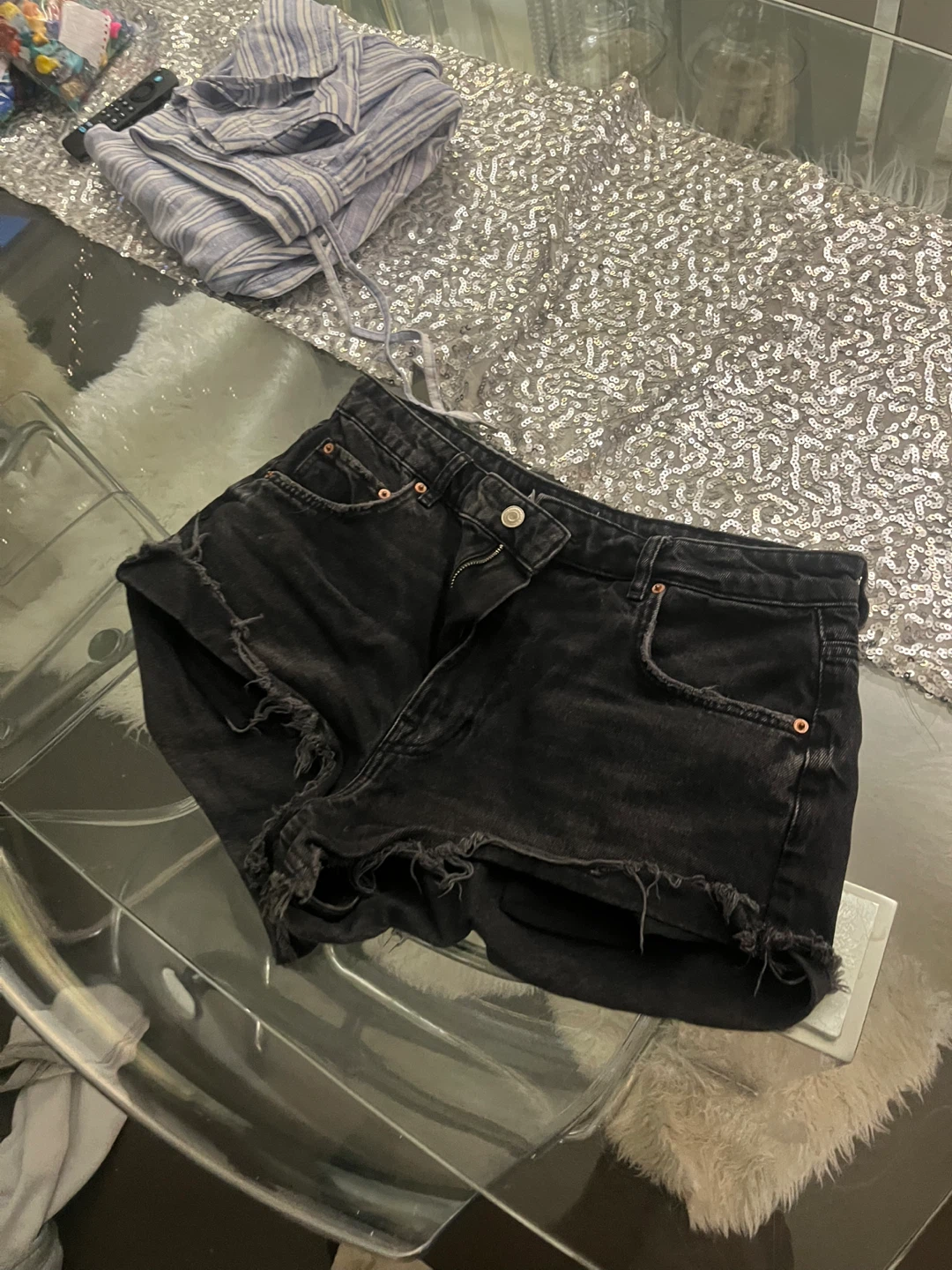 Black Denim Cutoff Shorts - photo 4