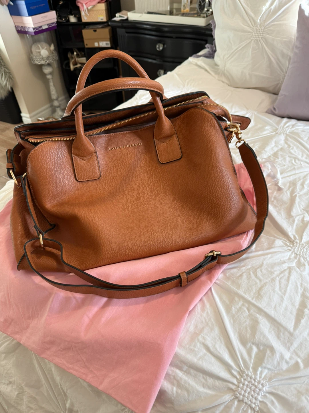 Poppy & Peonies Brown Faux Leather Tote Bag
