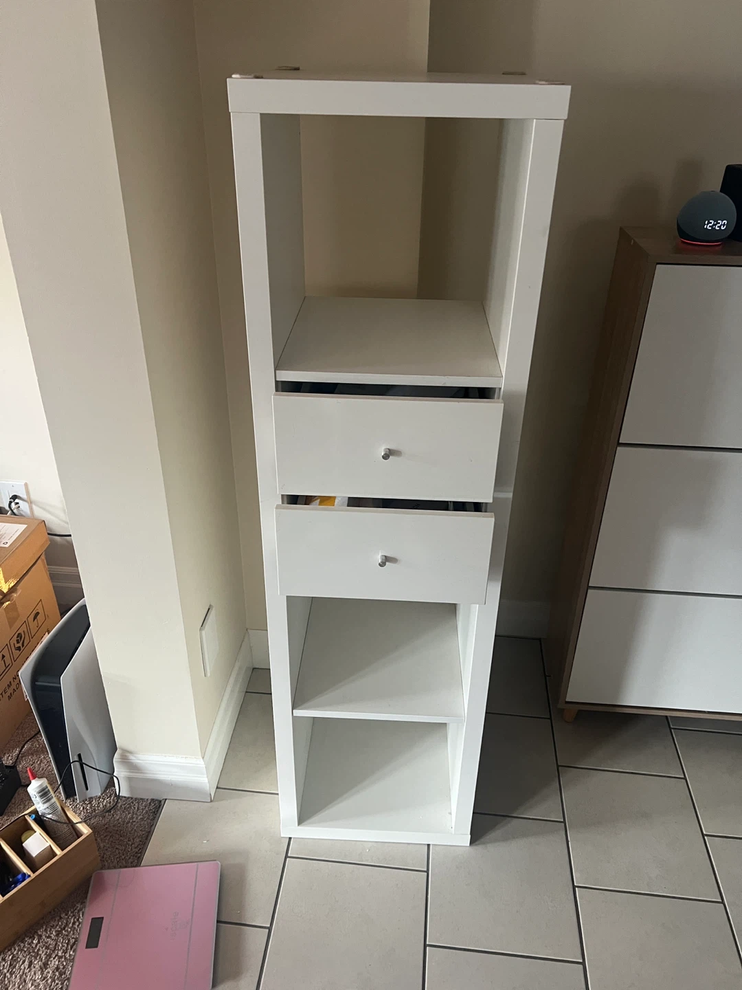 White IKEA Kallax Shelf Unit with 2 Drawers and table - photo 2