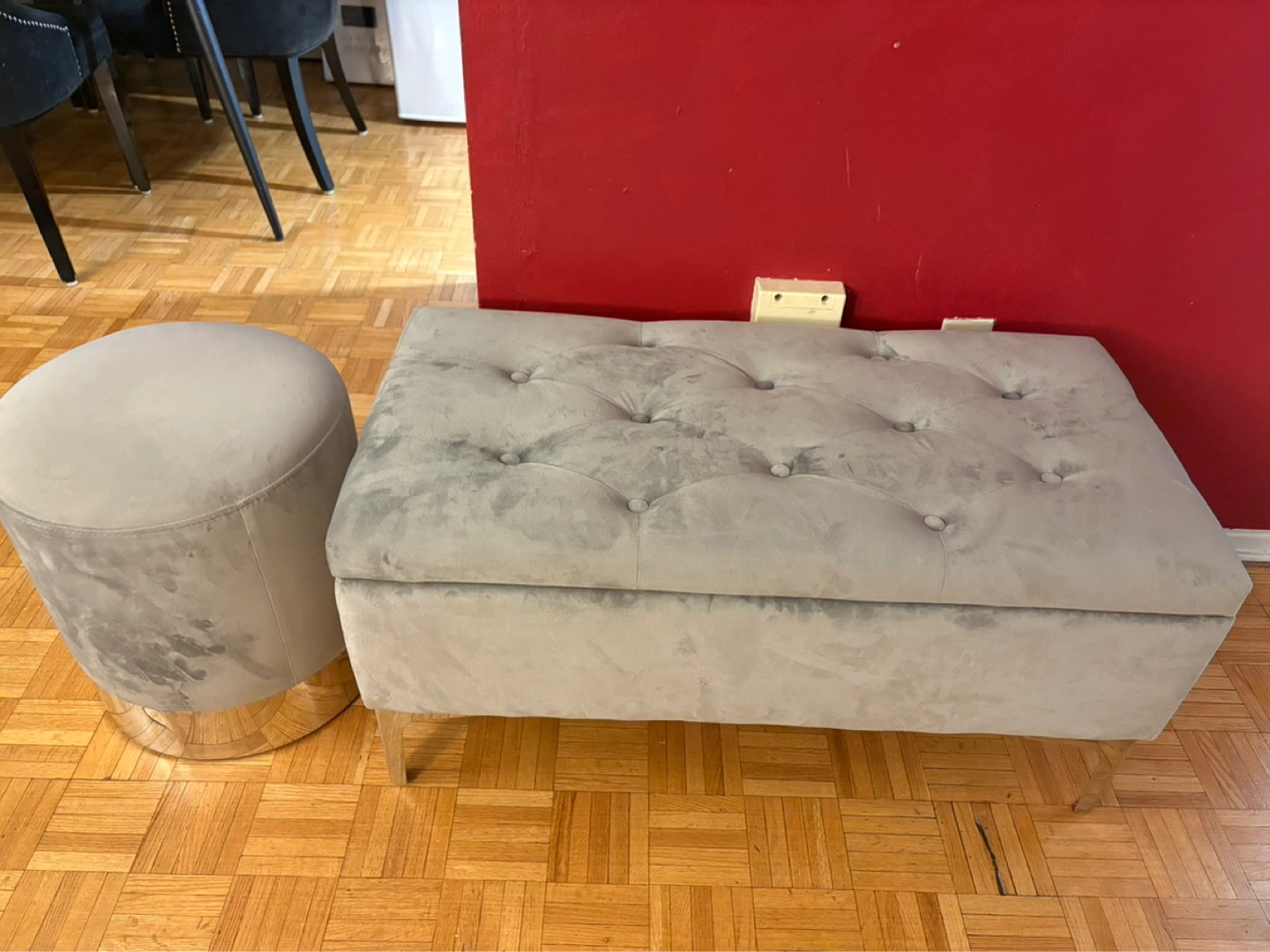 Grey Velvet Storage Ottoman and Round Stool