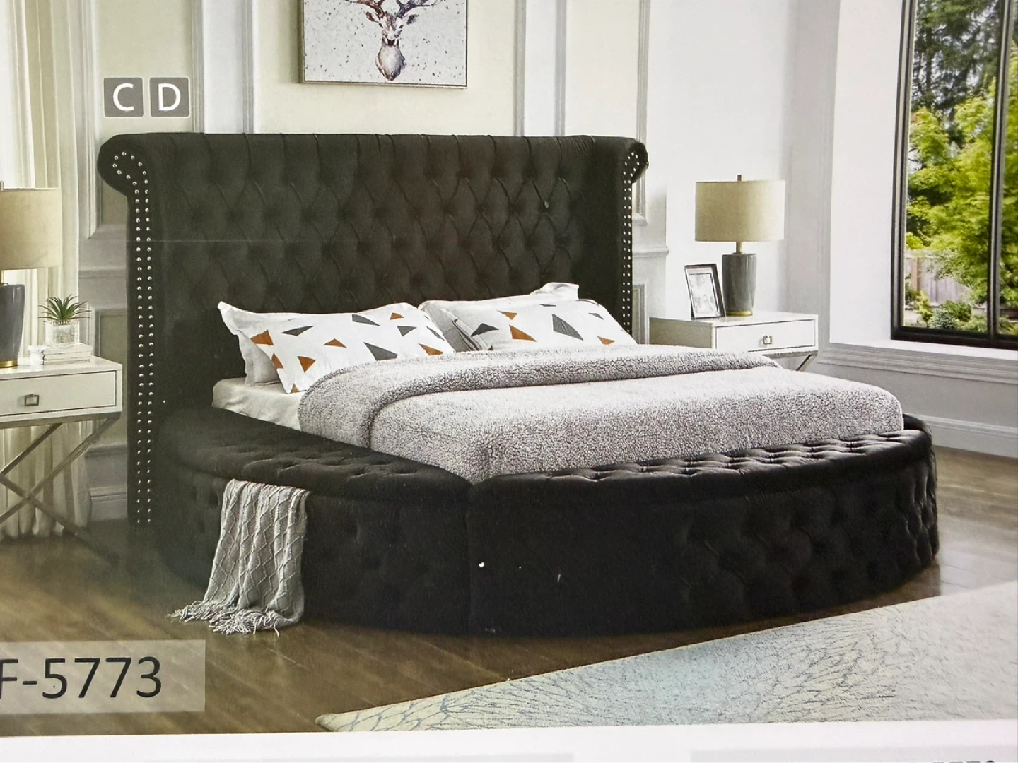 Black Tufted Round Bed with Storage