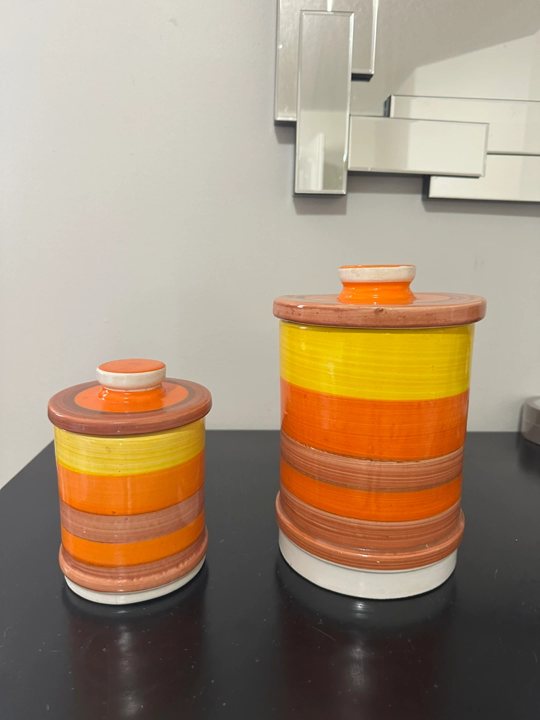 Set of 2 Striped Ceramic Canisters