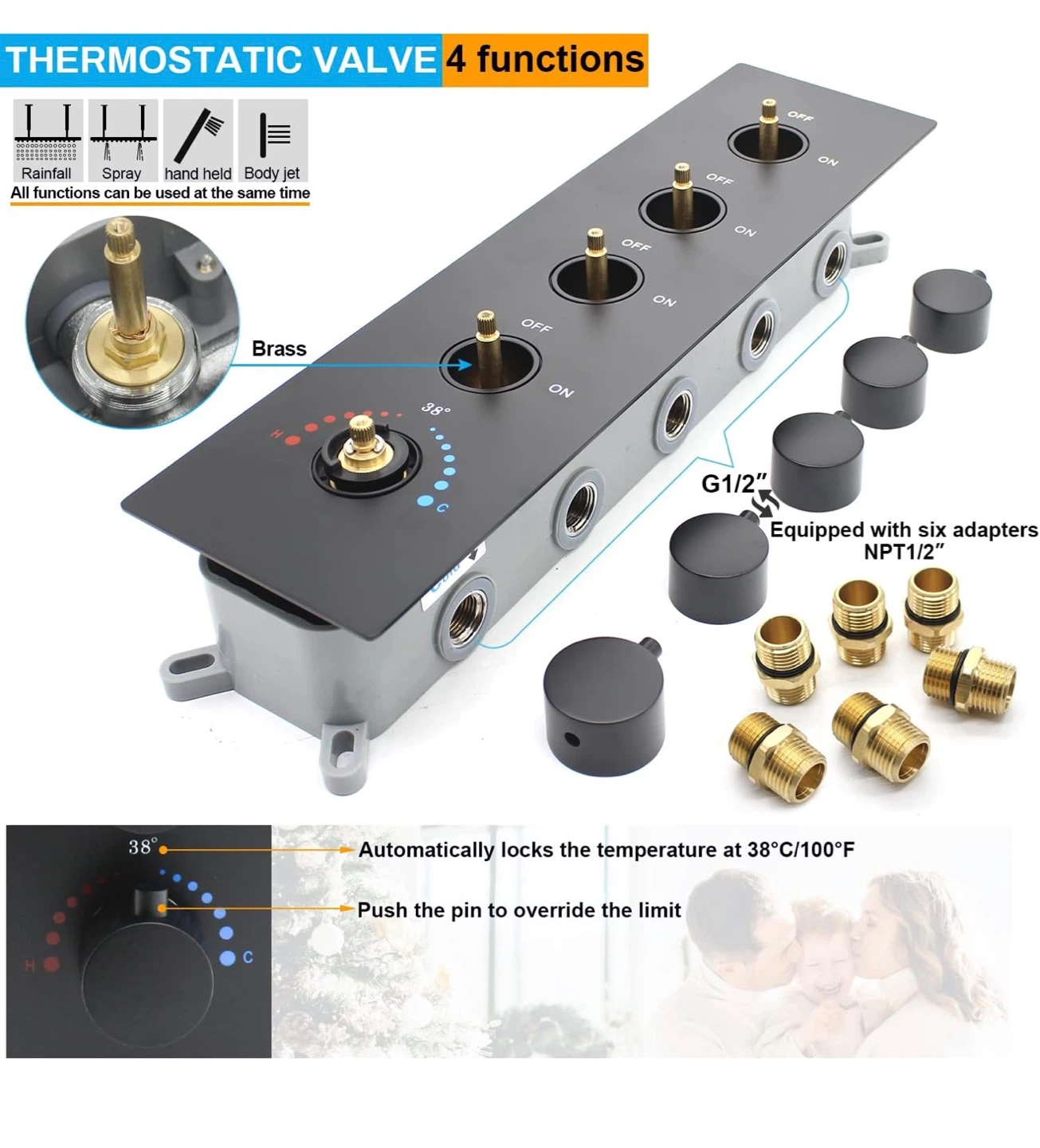 16 Inch Black Full Body Shower Thermostatic Valve and 6 Jets RS5 - photo 5