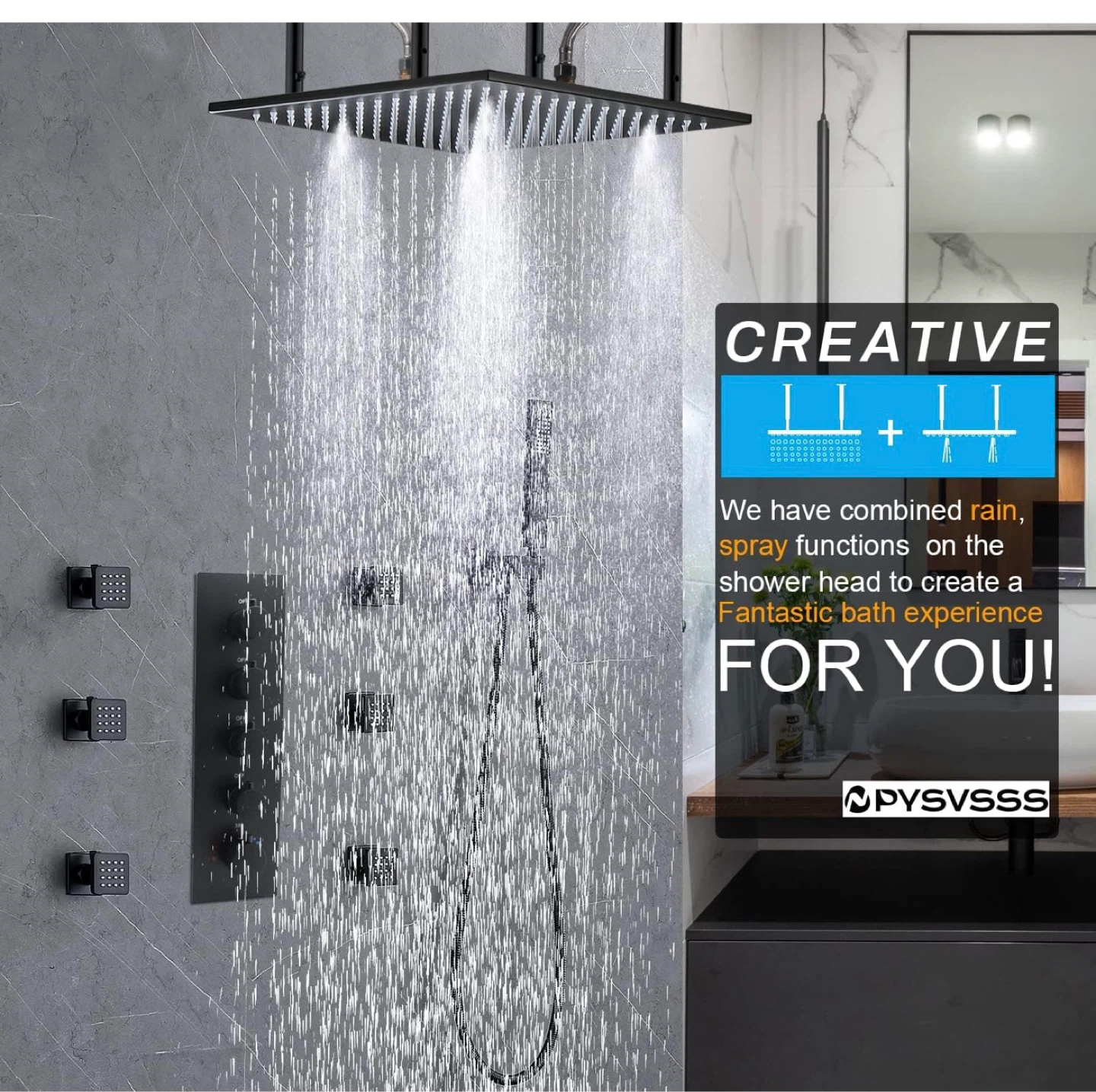 16 Inch Black Full Body Shower Thermostatic Valve and 6 Jets RS5 - photo 2