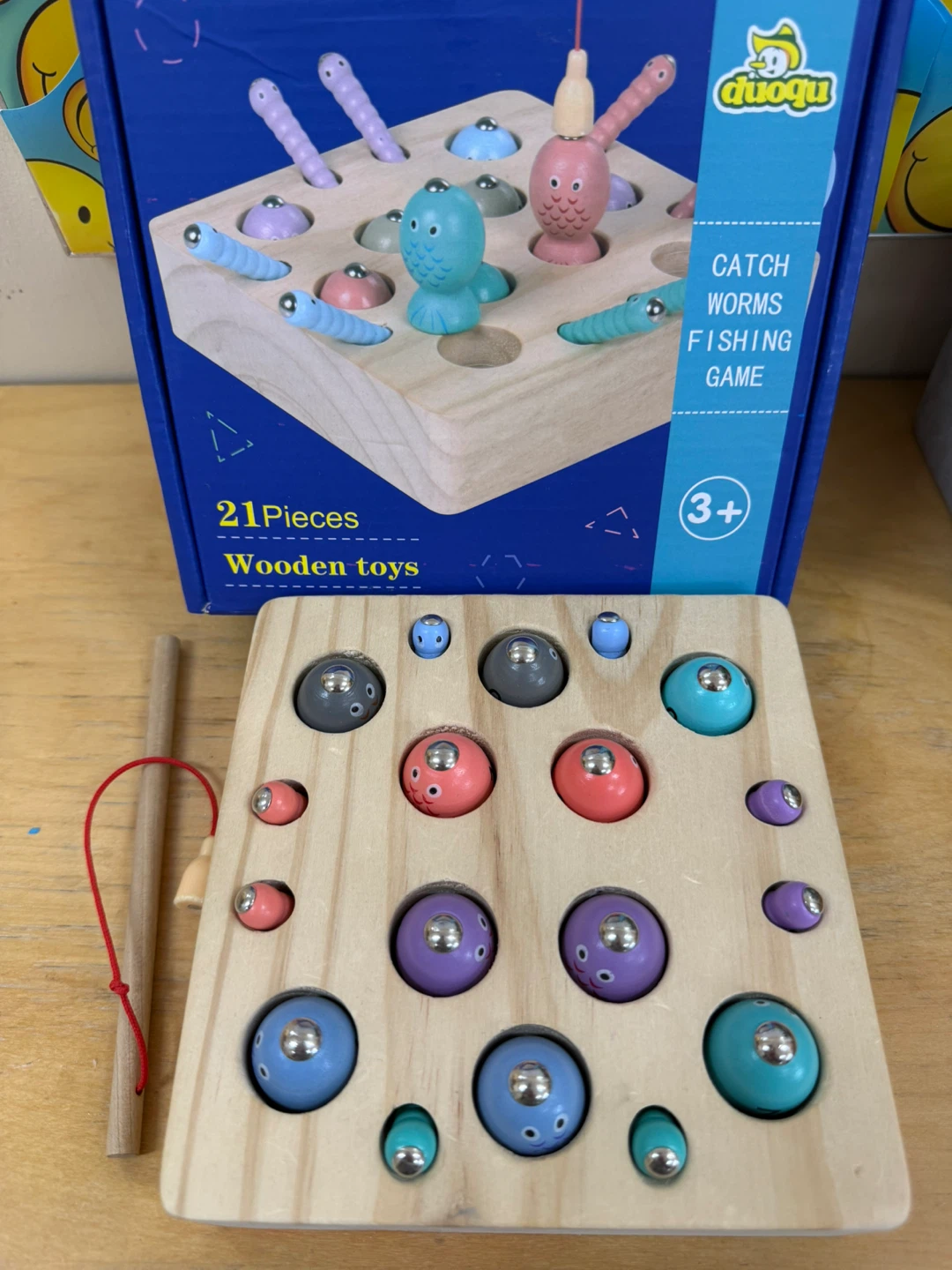 Duoqu Catch Worms Fishing Game - Wooden Toys 21 Pieces