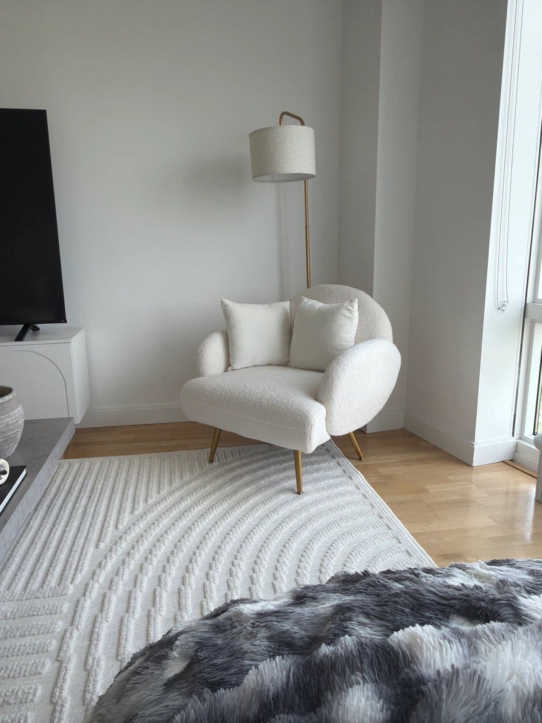 White Boucle Armchair with Gold Legs