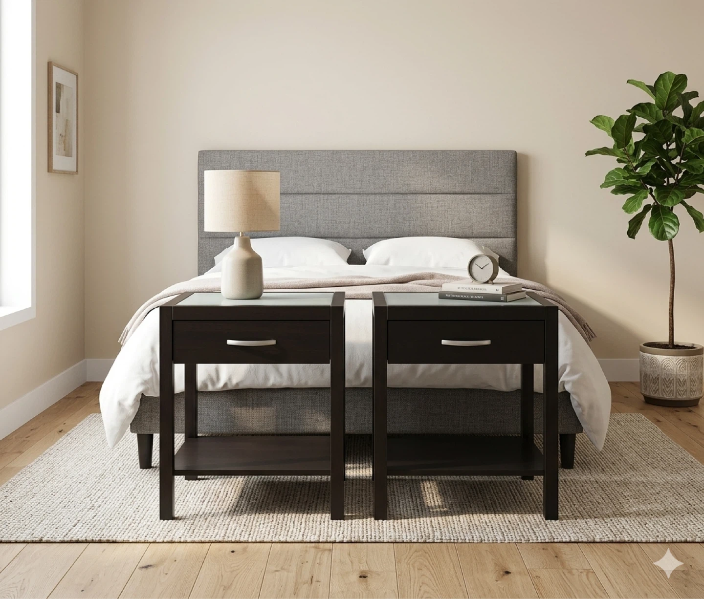 Pair of Dark Brown Nightstands with Glass Top