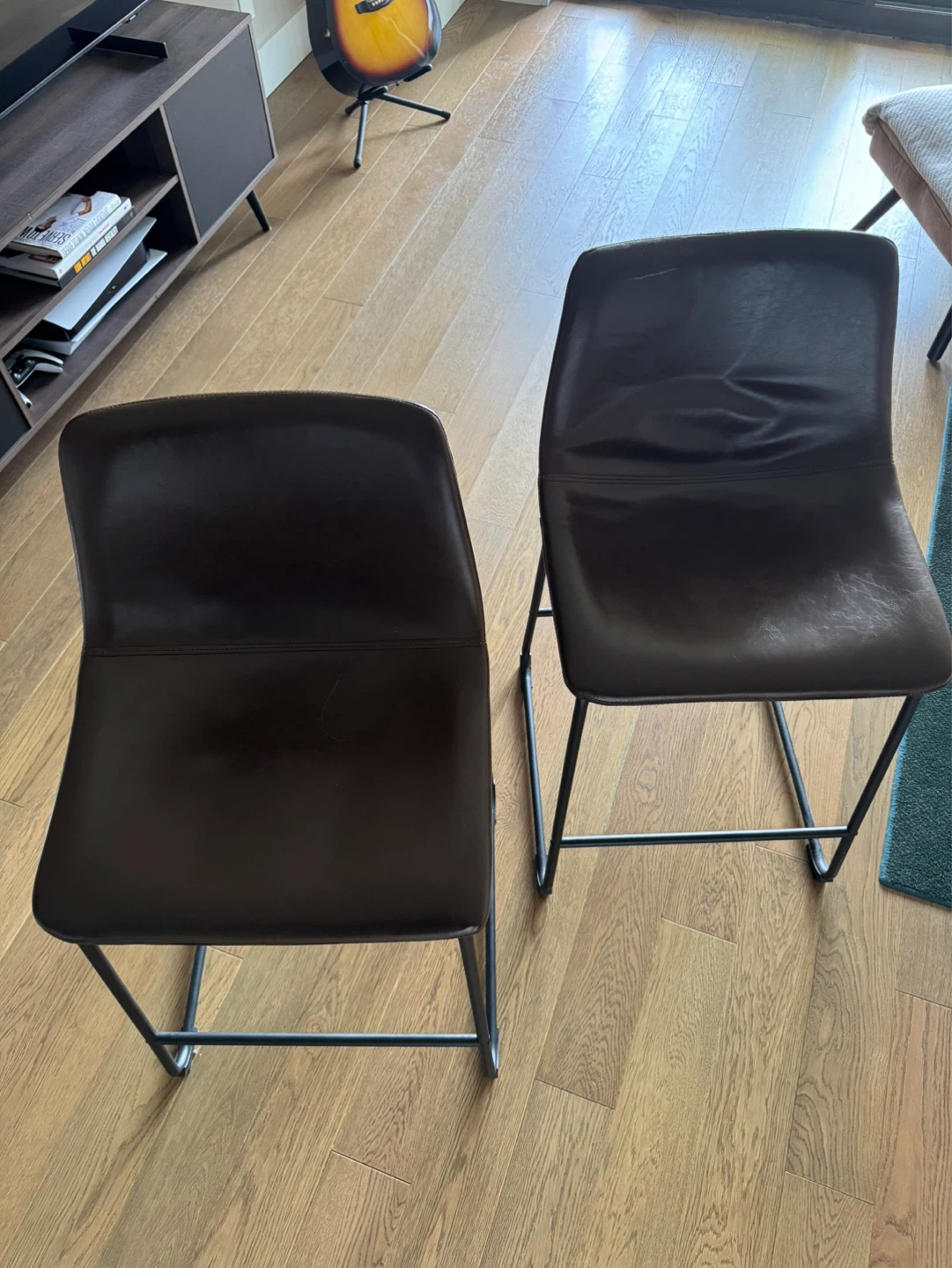 Set of 2 Brown Leather Counter Stools