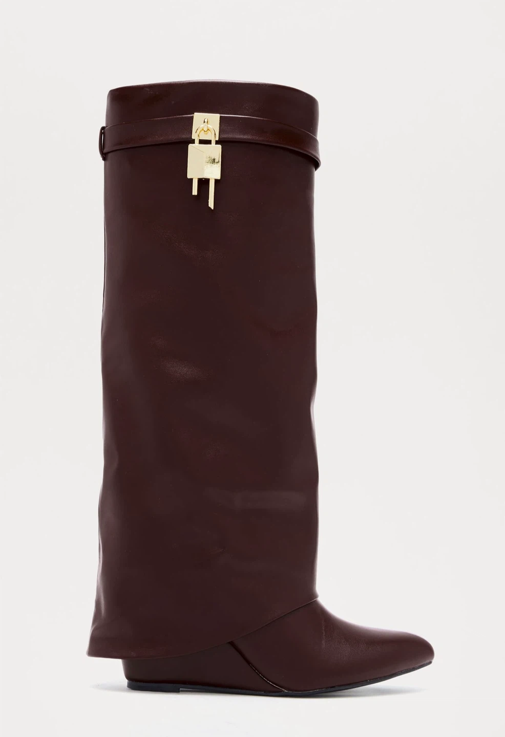 Brown faux Leather Foldover Wedge Boots with Lock Detail - photo 3