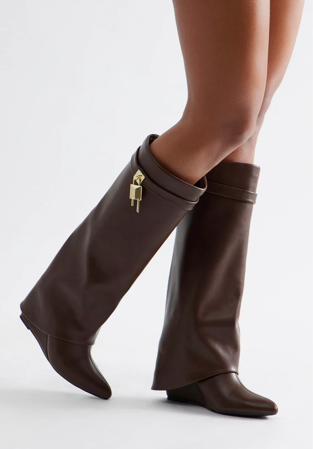 Brown faux Leather Foldover Wedge Boots with Lock Detail