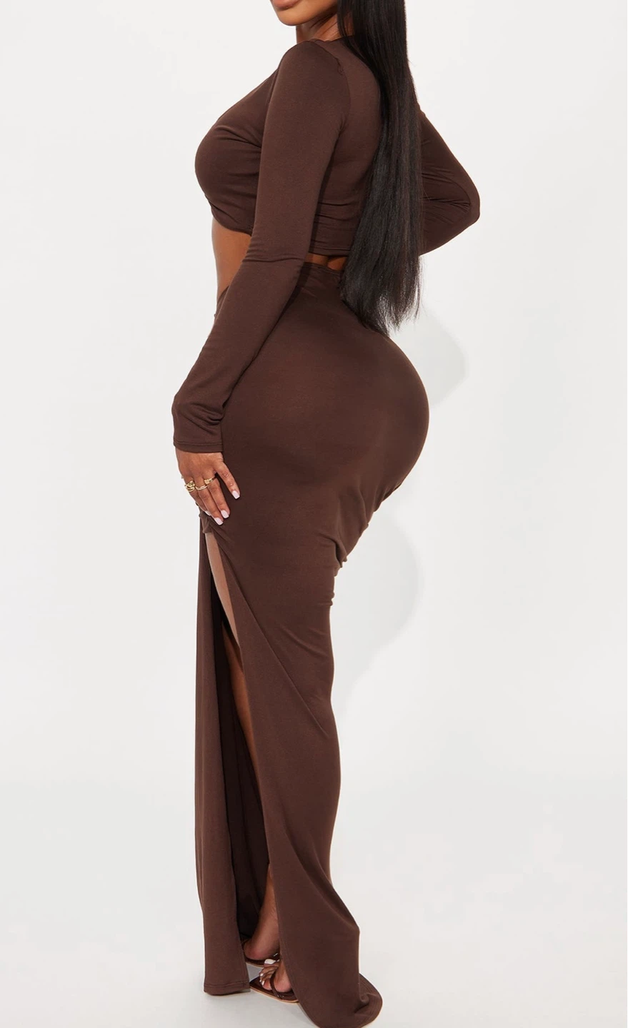 Brown Twist Front Crop Top & High Slit Maxi Skirt Set - photo 2