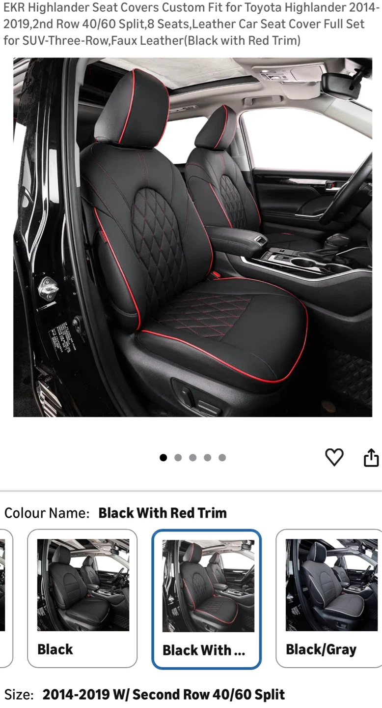 Highlander Seat Covers Custom Fit  2014-2019, Black Red Trim TR9