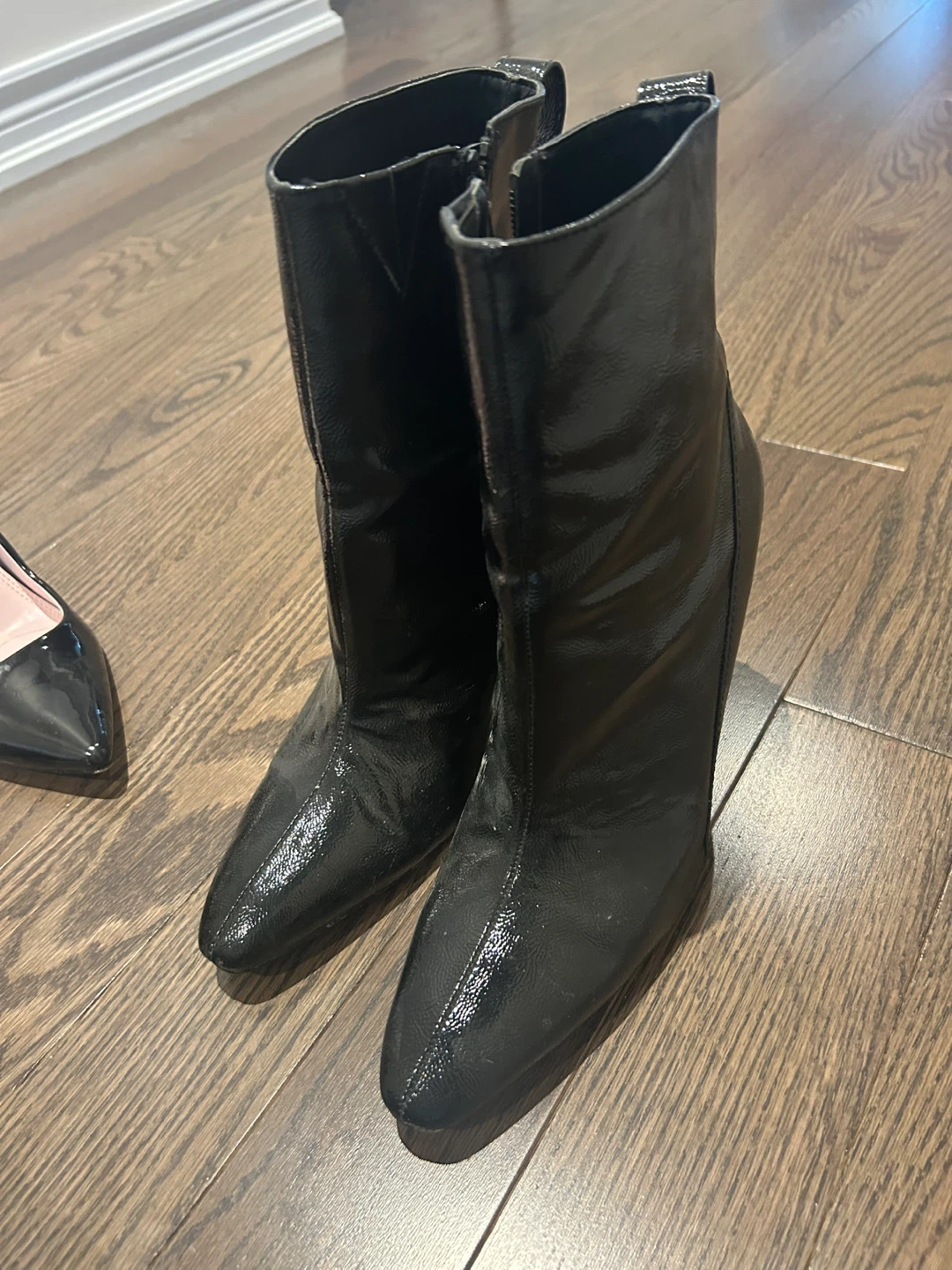 Black patent leather wedge boots