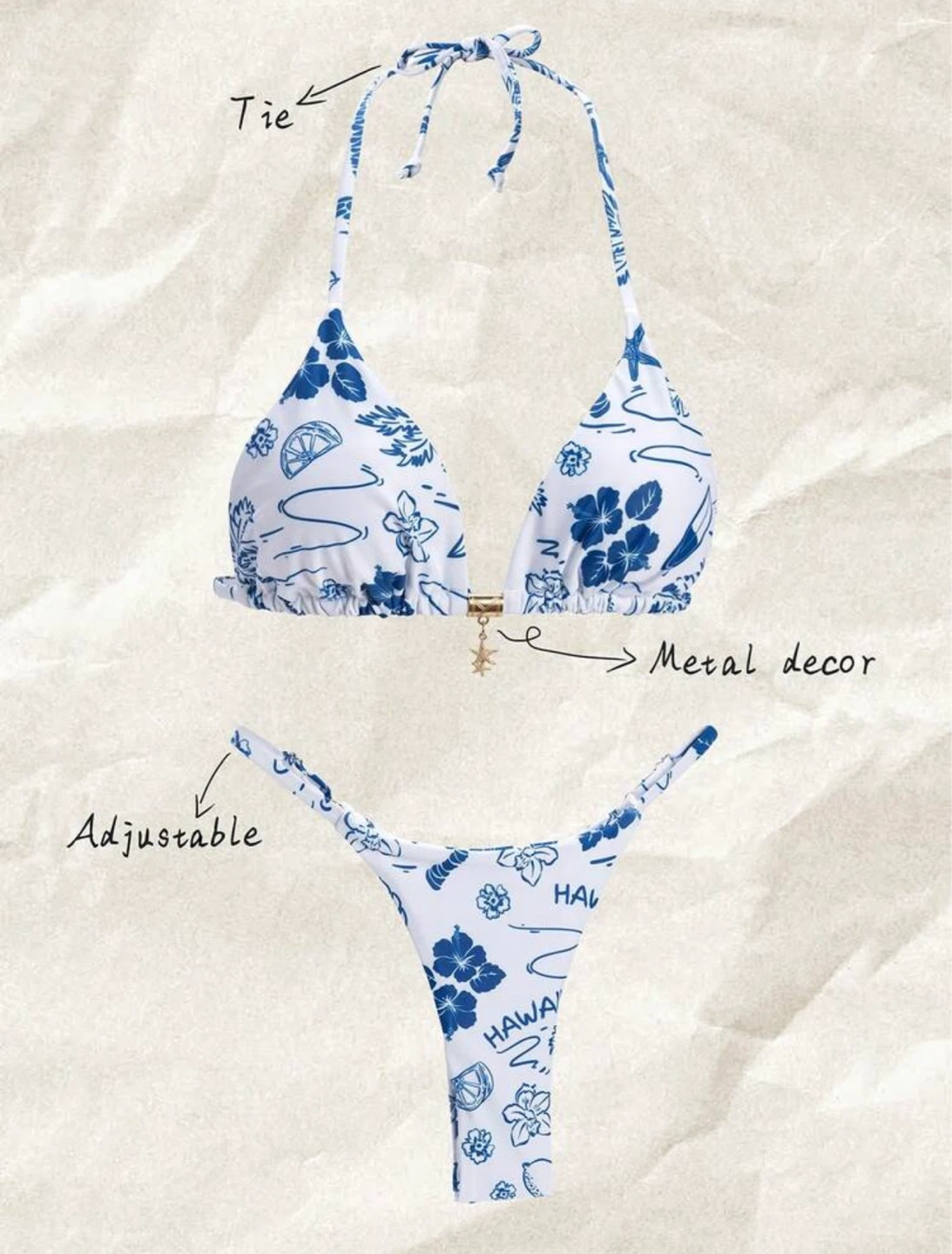 White and Blue Tropical Print Bikini Set US 4(S)