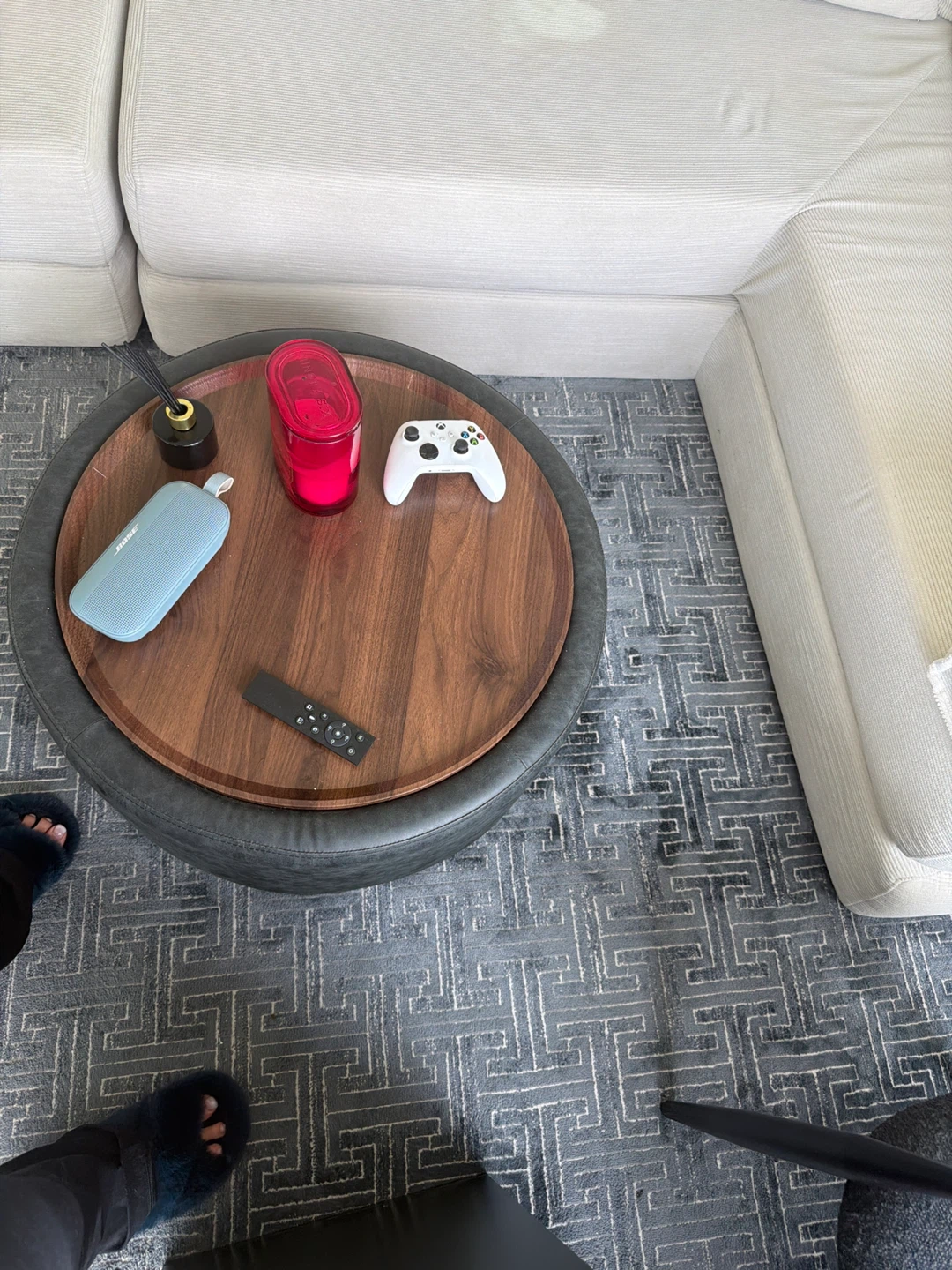 Round Ottoman Coffee Table with Wooden Top - photo 2