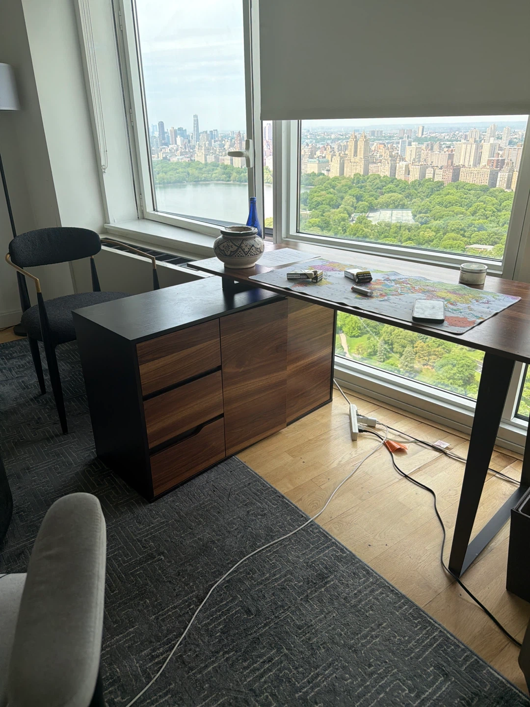Modern Walnut and Black Desk with Storage