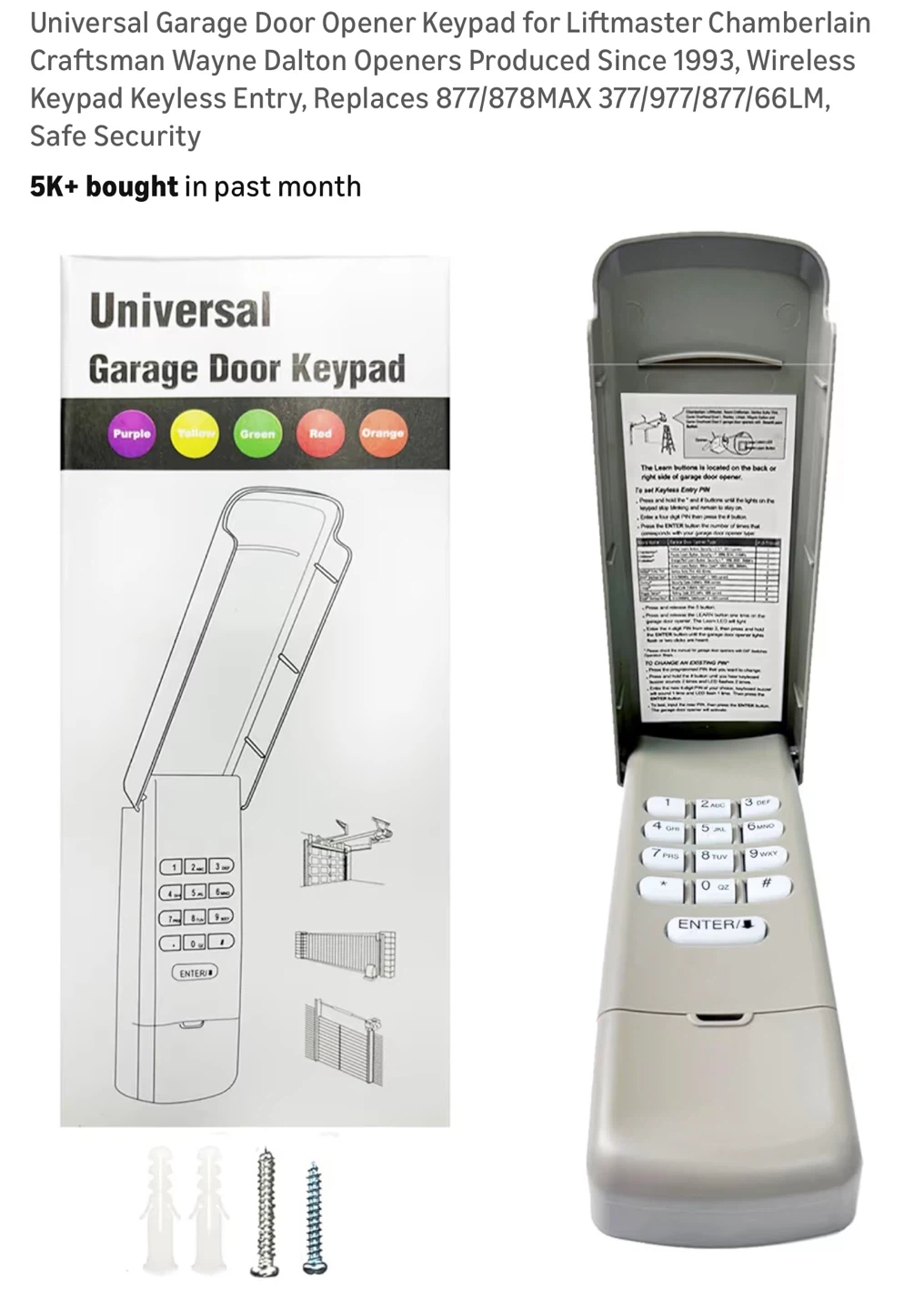 Universal Garage Door Keypad Chamberlain LiftMaster Craftsman G2