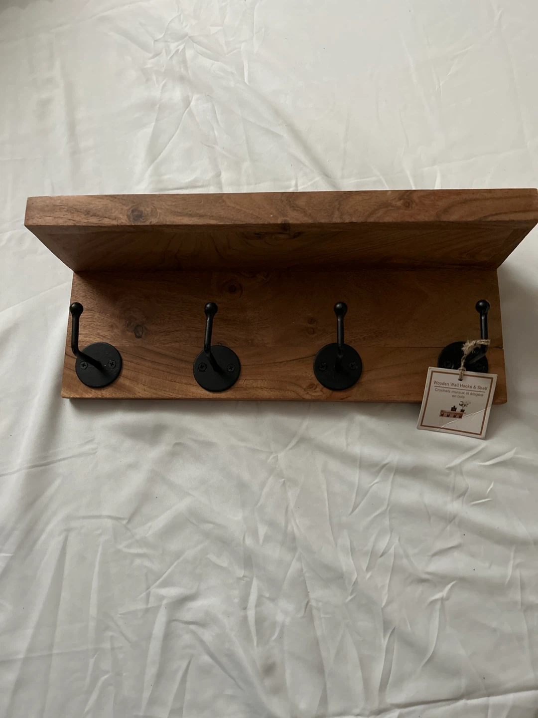 Wooden Wall Shelf with 4 Hooks