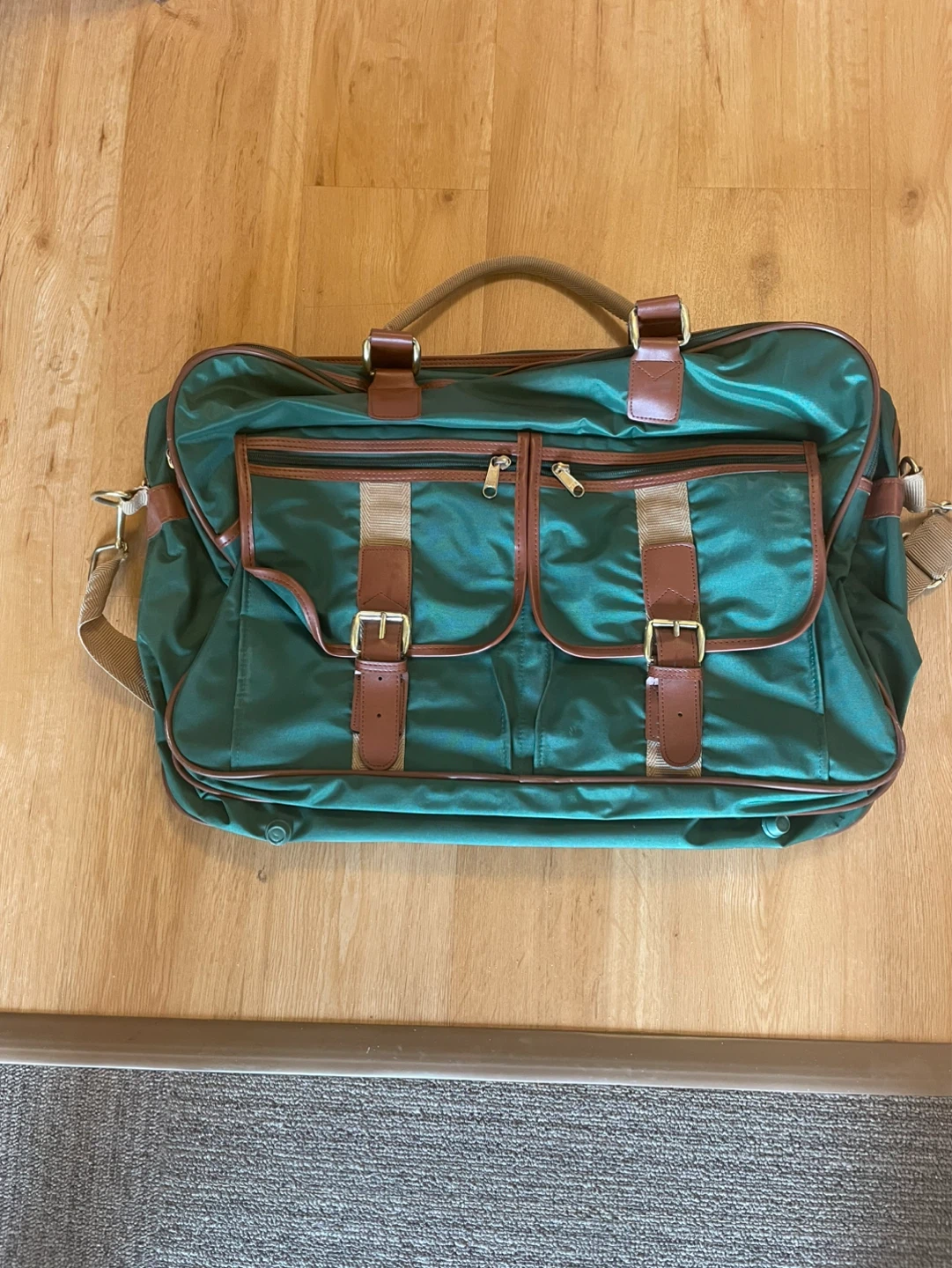Green Duffle Bag with Brown Leather Accents