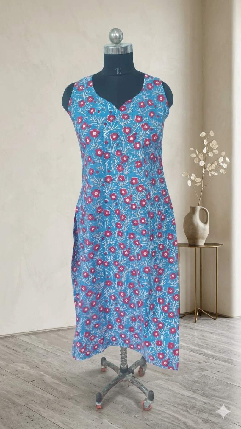 Blue Floral Print Sleeveless Kurti