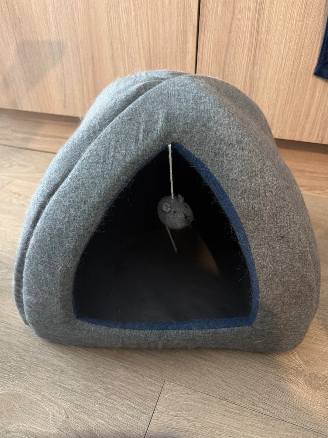 Grey Pet Cave Bed with Mouse Toy