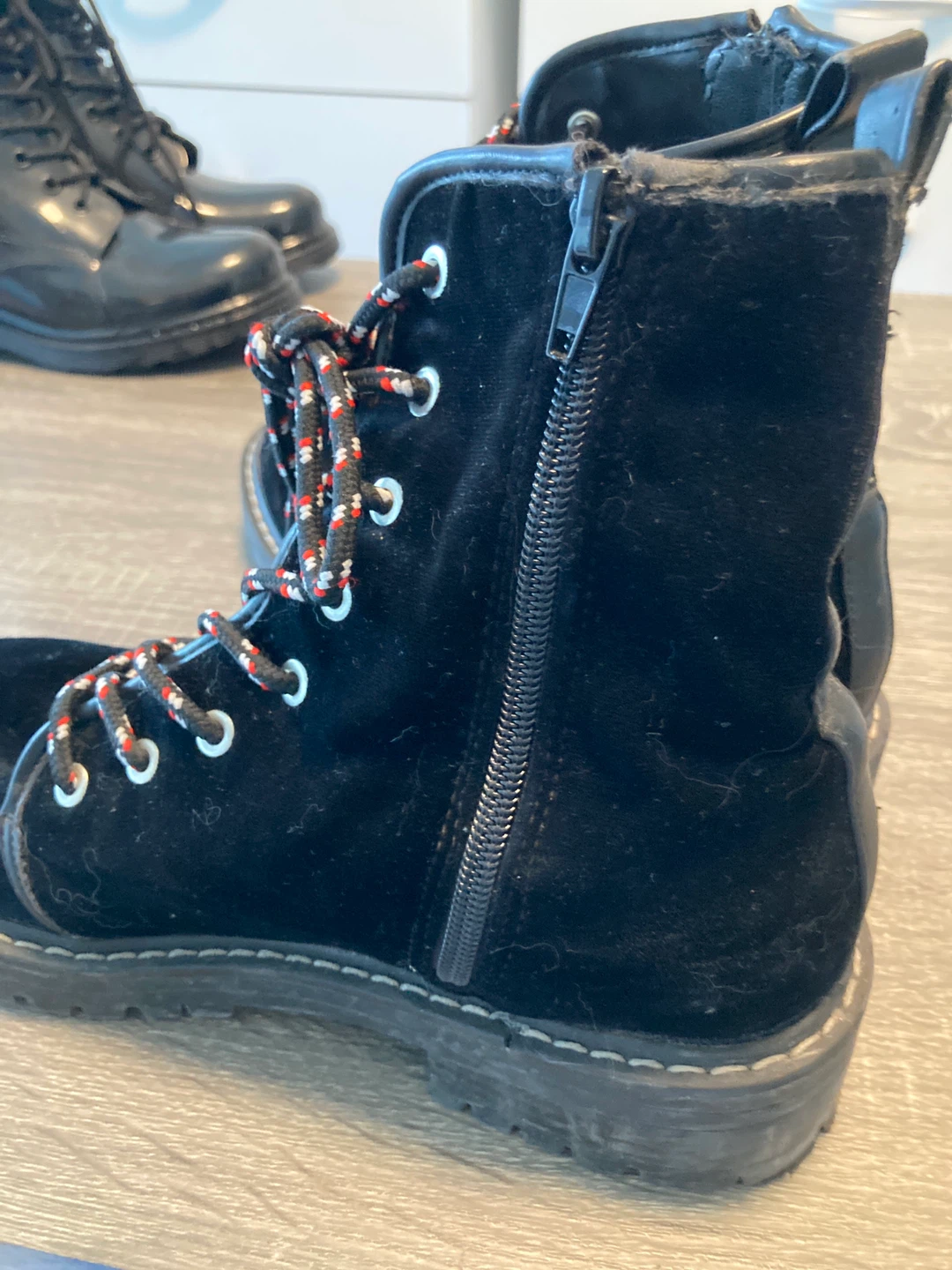 Black Velvet Combat Boots with Red and White Laces - photo 2