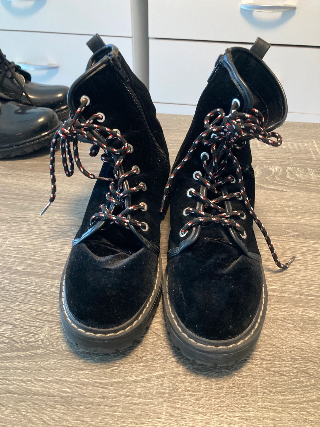 Black Velvet Combat Boots with Red and White Laces