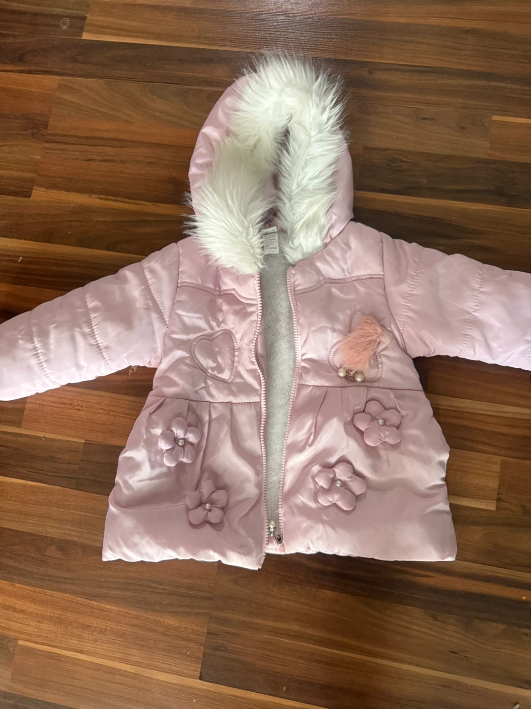 Pink Faux Fur Trim Hooded Winter Jacket