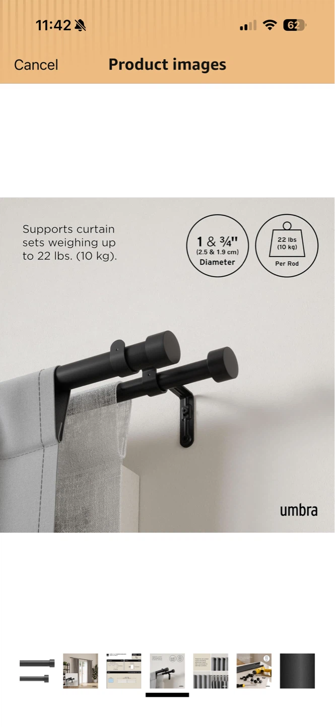 Umbra Cappa Double Curtain Rod, Black, 36"-66" - photo 3