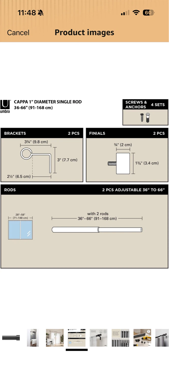 Umbra Cappa 1" Diameter Single Curtain Rod 36-66", Black - photo 3