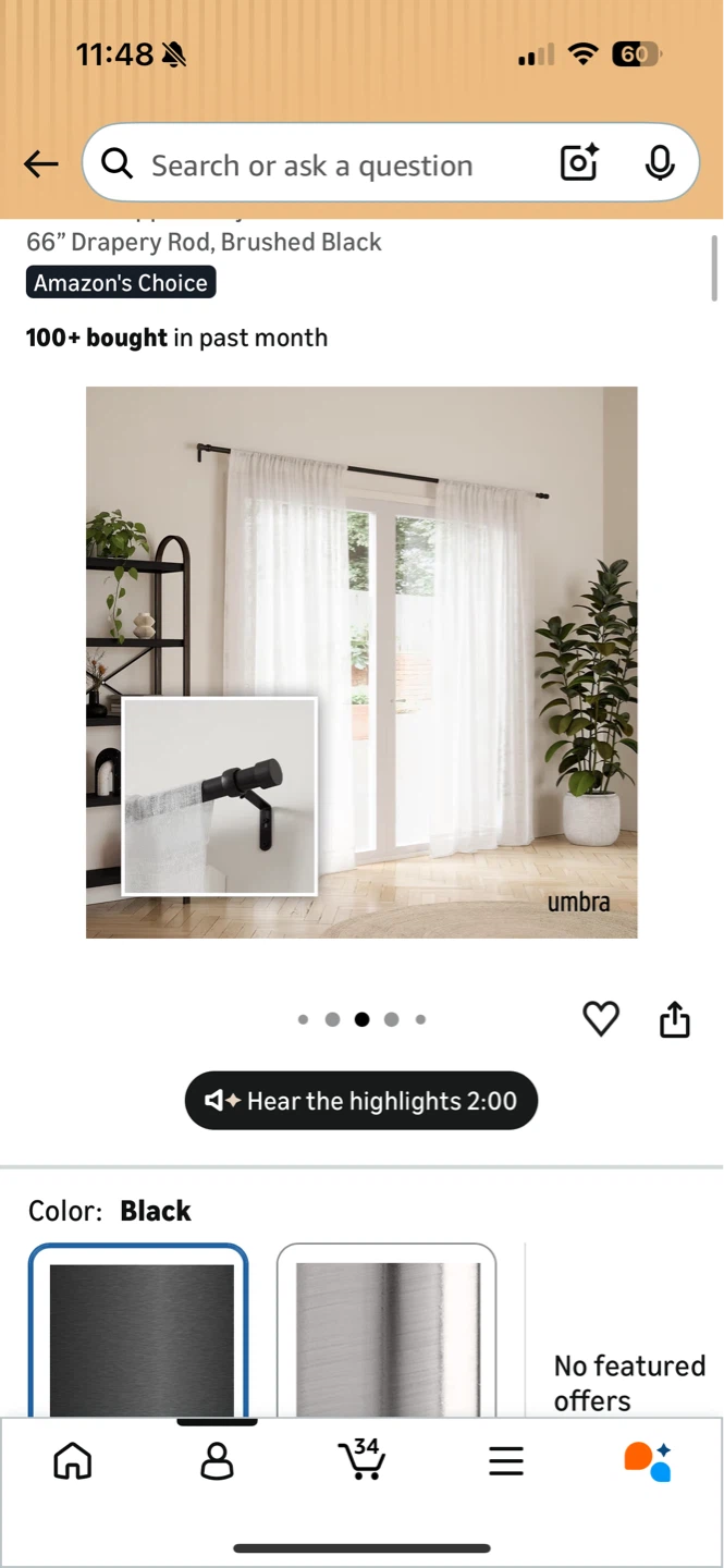 Umbra Cappa 1" Diameter Single Curtain Rod 36-66", Black - photo 2