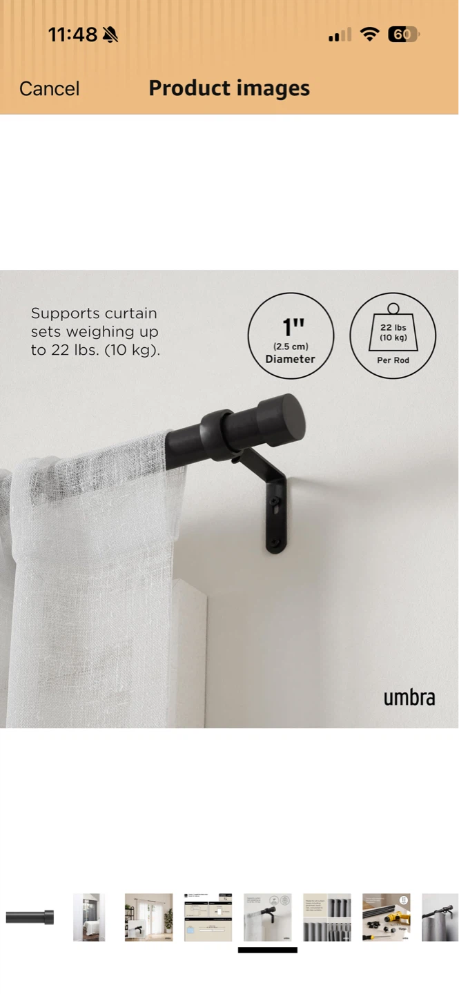 Umbra Cappa 1" Diameter Single Curtain Rod 36-66", Black