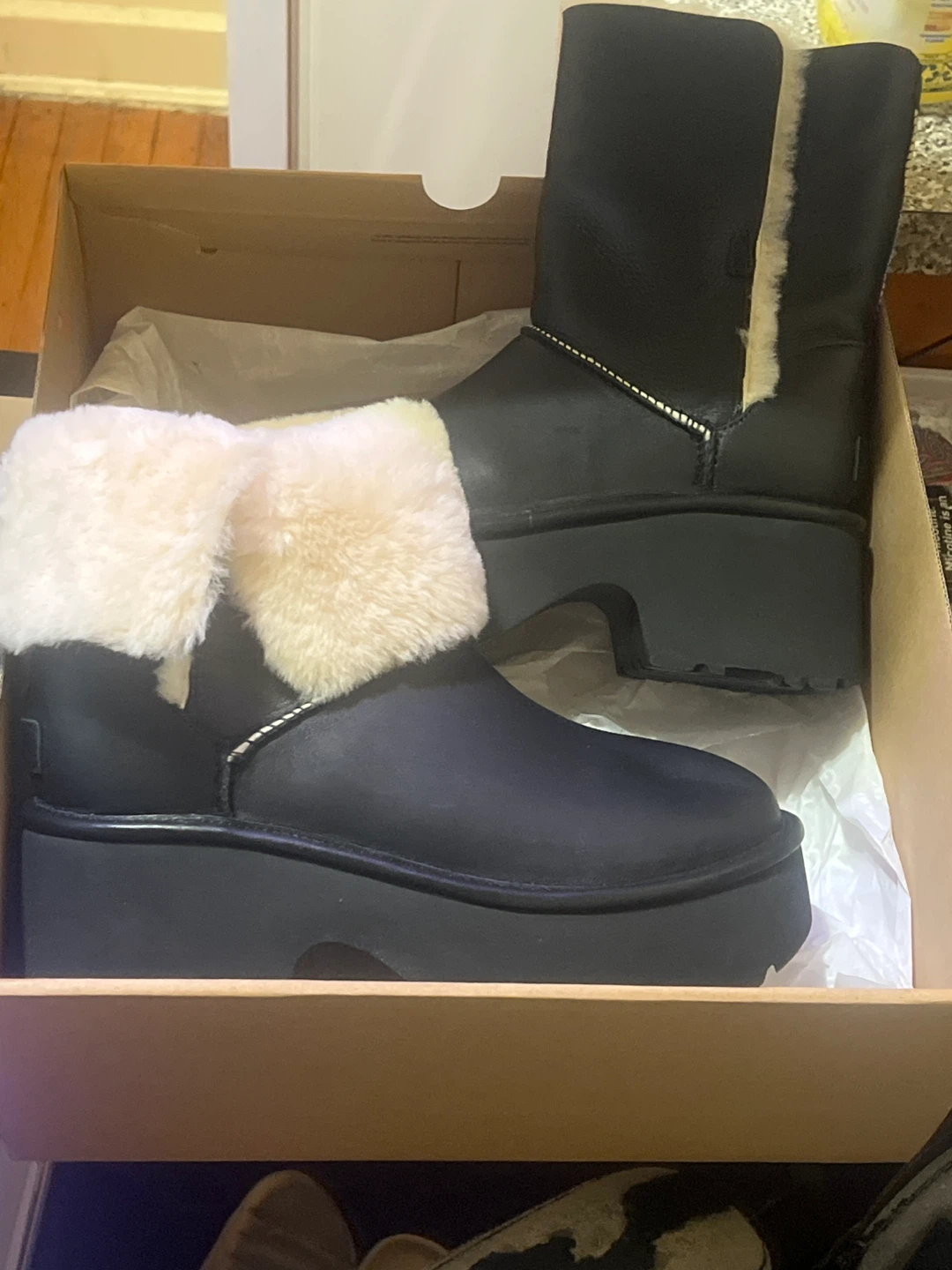 UGG Black Platform Boots with Fur Trim