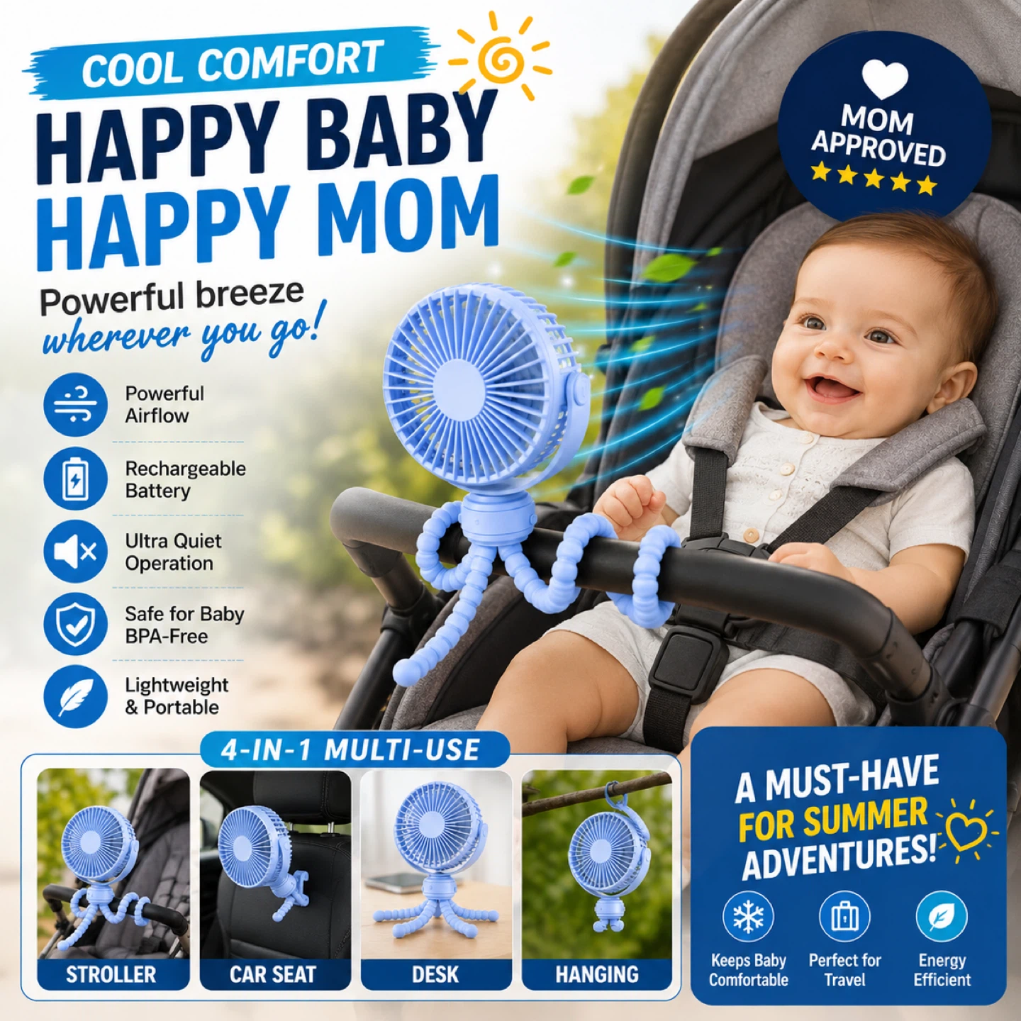 Portable Baby Stroller Fan - Rechargeable & Quiet