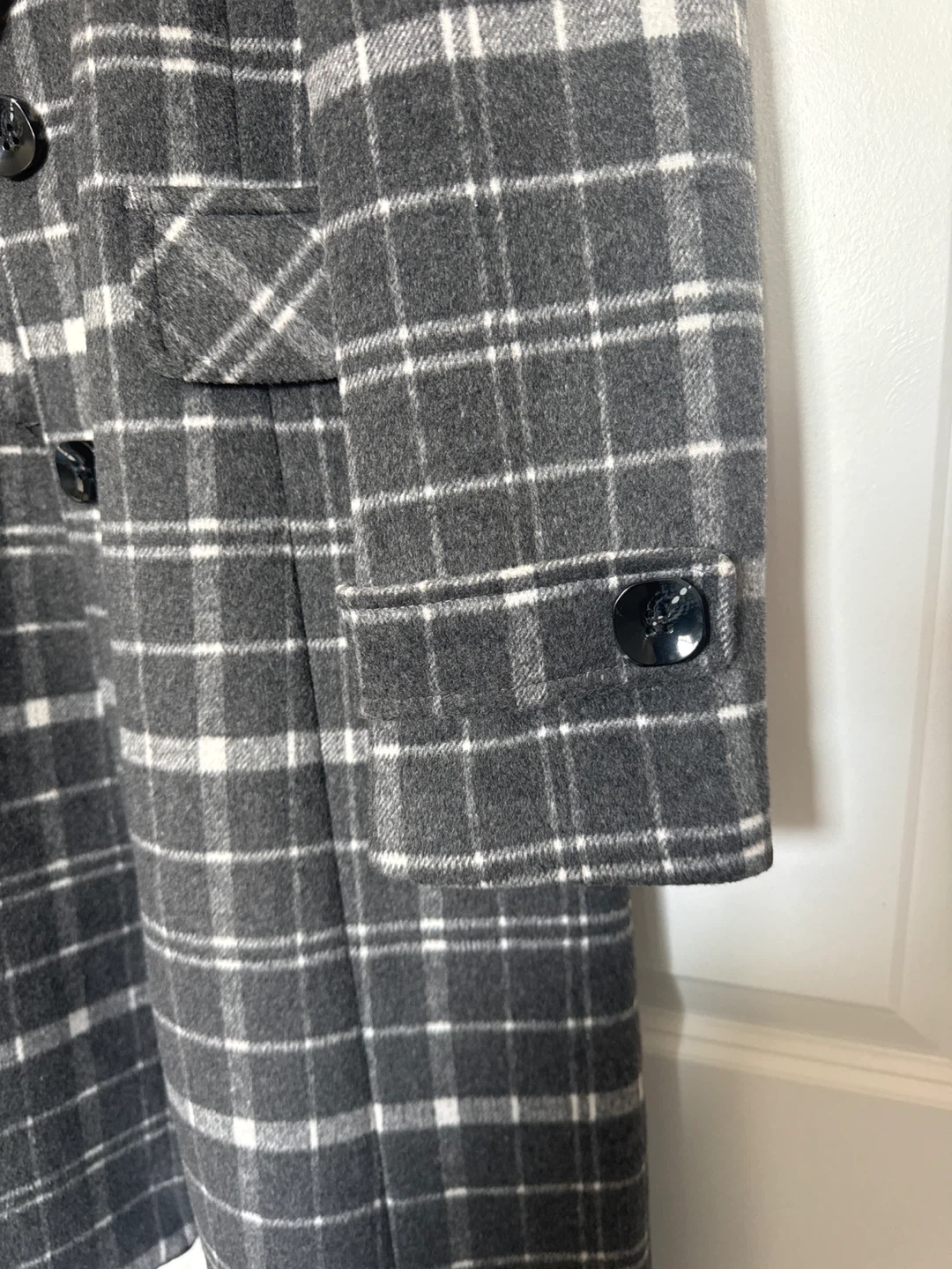 Plaid Wool Blend Coat - Grey & White - photo 3