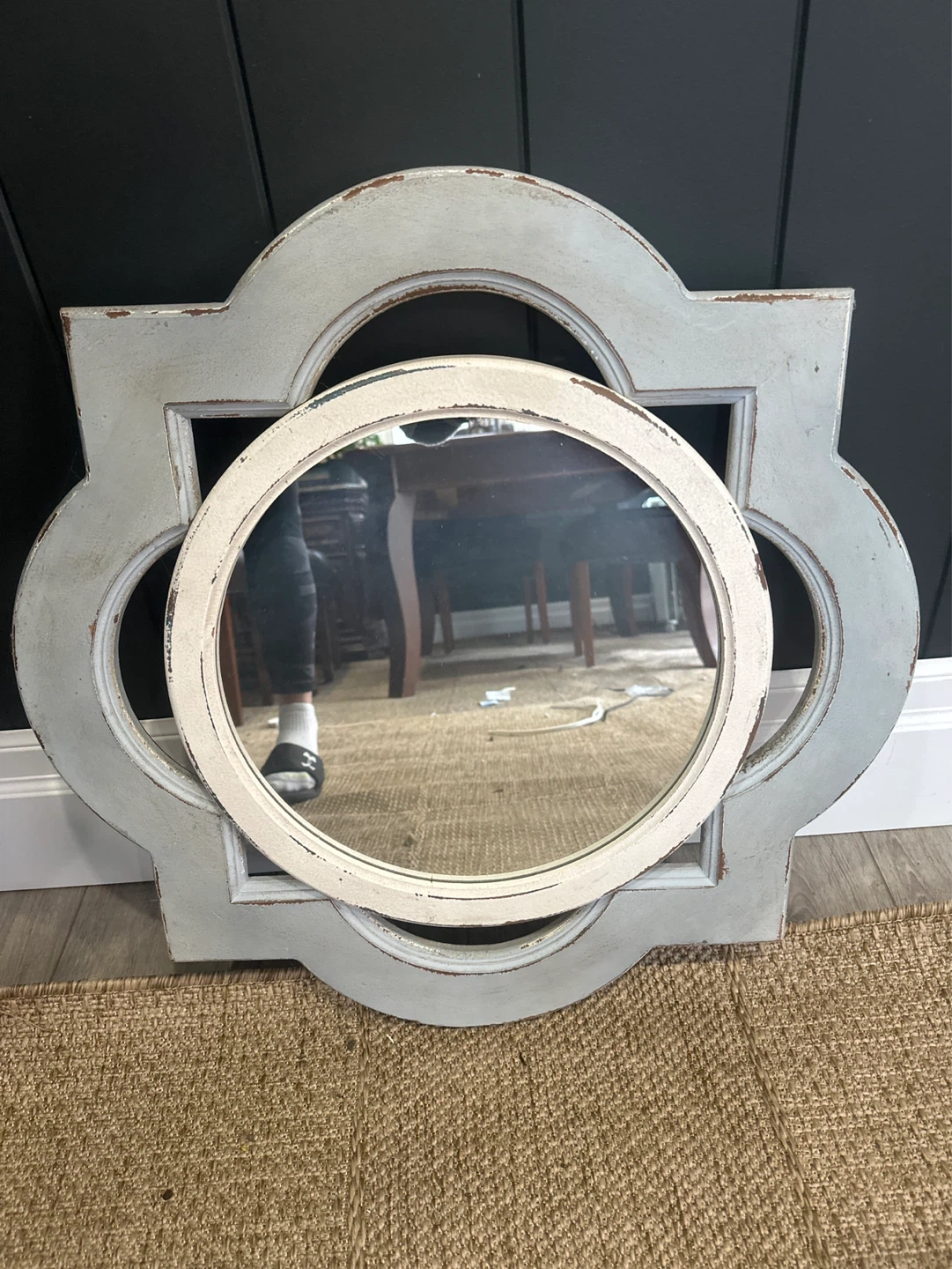 Distressed Grey and Cream Quatrefoil Mirror